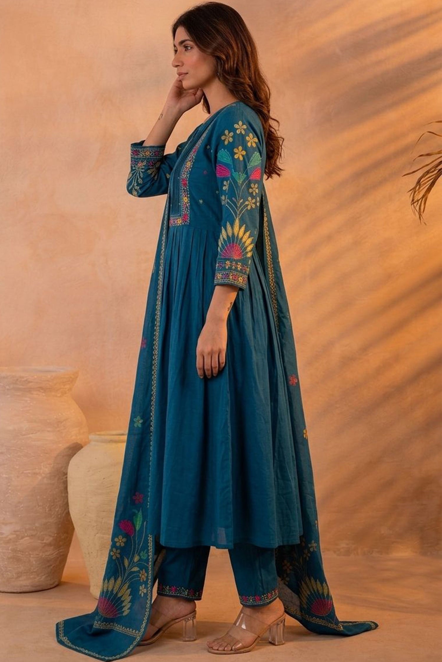 Women Teal Blue Embroidered Kurta Set with Dupatta
