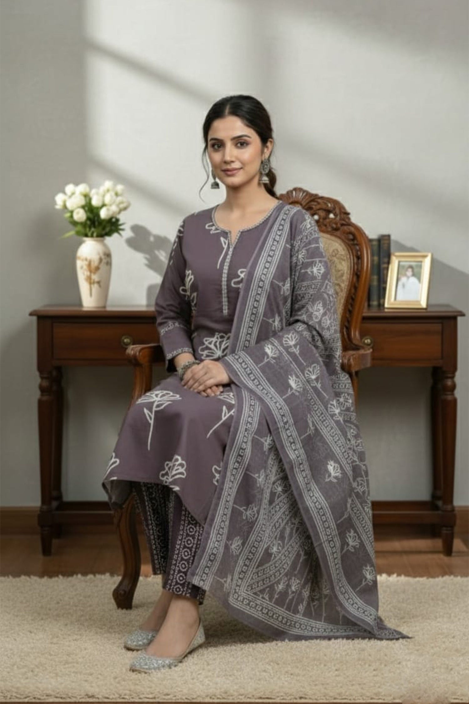 Grey & Mauve Printed Kurti Pant Set with Dupatta