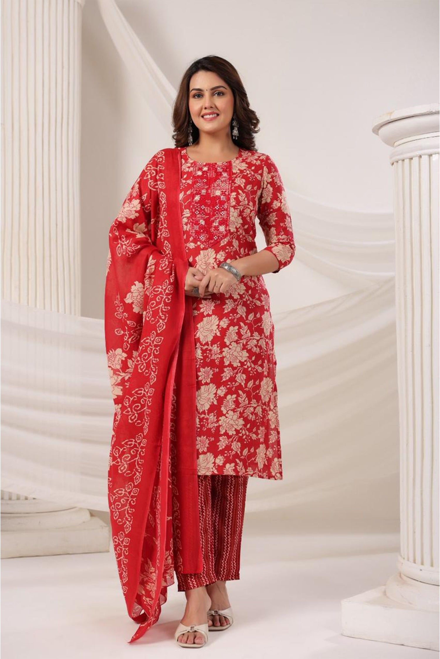 Women Elegant Floral Print Kurta Set with Dupatta | Straight Fit Ethnic Wear | 3 Piece Suit Set for Festive & Casual