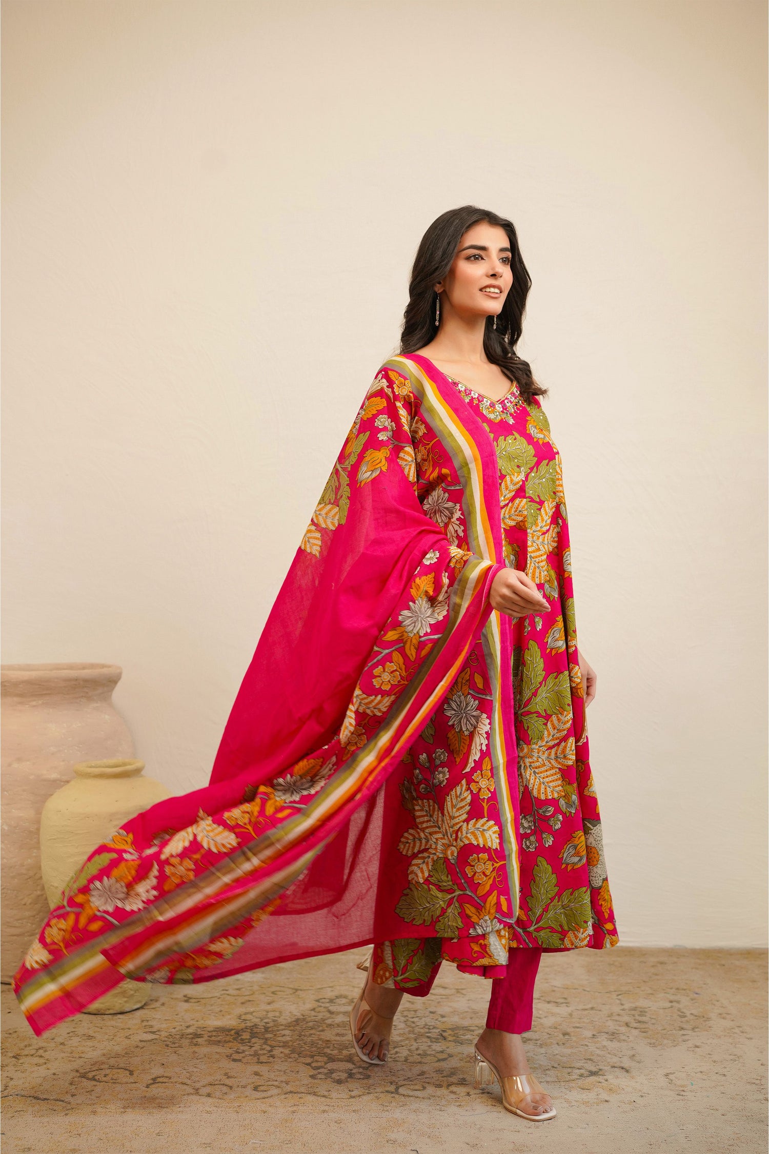 Women Sleeveless Floral Printed Anarkali Kurta Set with Dupatta | Flared Kurta Pant Set | Ethnic Wear for Women
