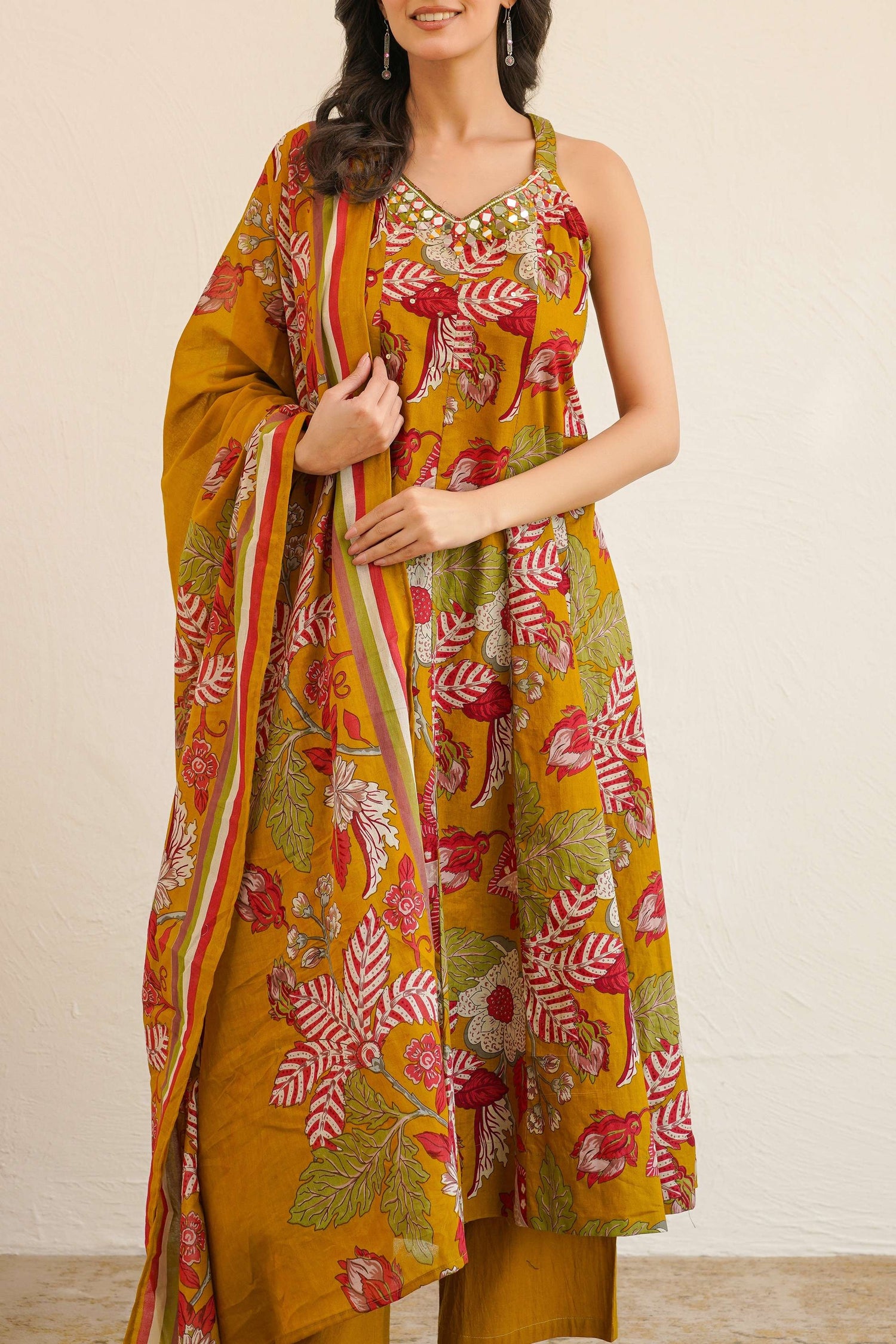Women Sleeveless Floral Printed Anarkali Kurta Set with Dupatta | Flared Kurta Pant Set | Ethnic Wear for Women