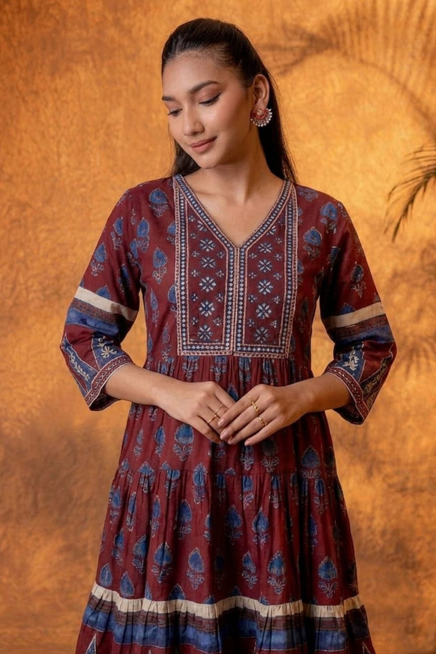 Women Ethnic Printed Fit & Flare Knee Length Dress | V-Neck Cotton Casual Fusion Dress