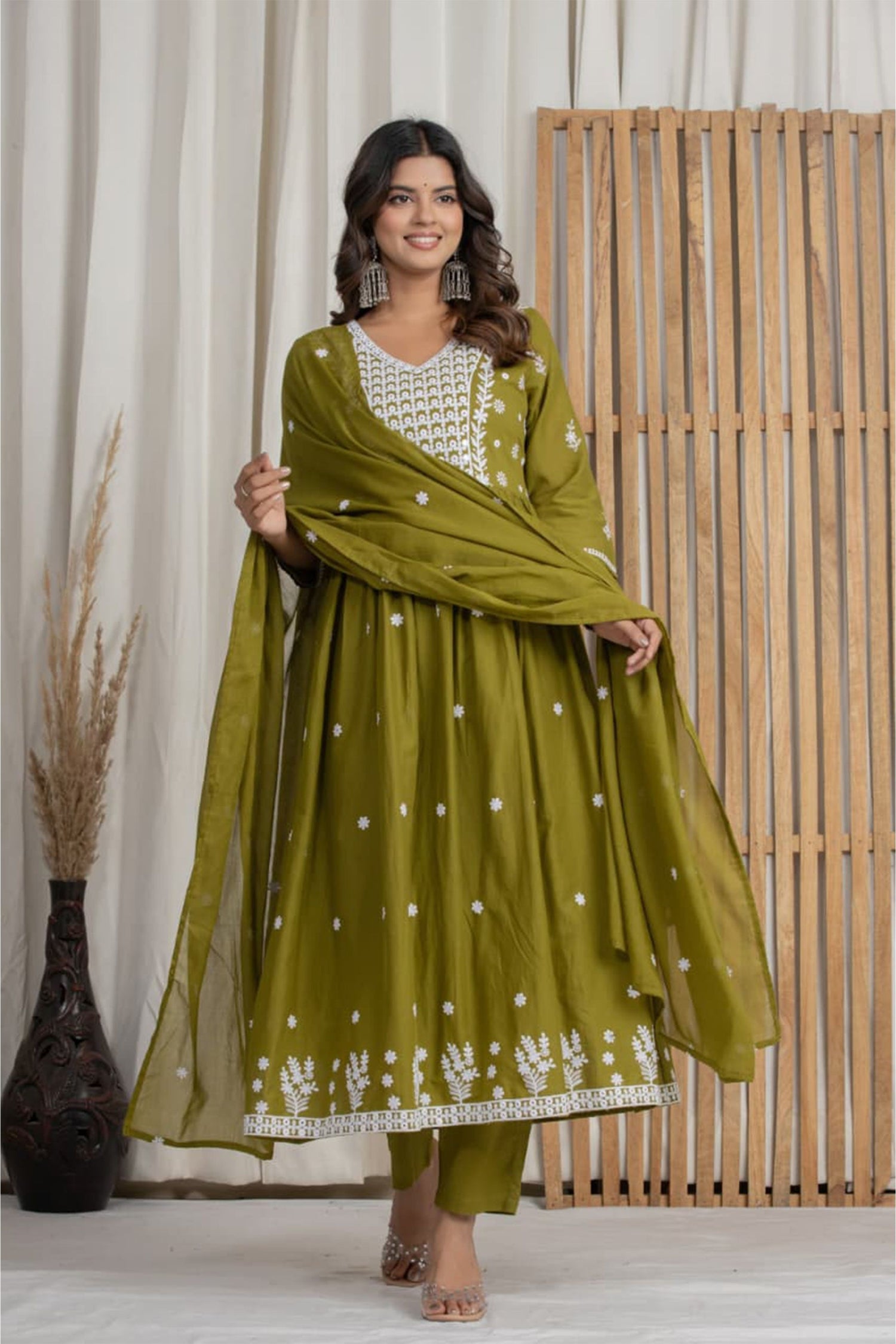 Women Olive Green Cotton Kurta Set with Dupatta