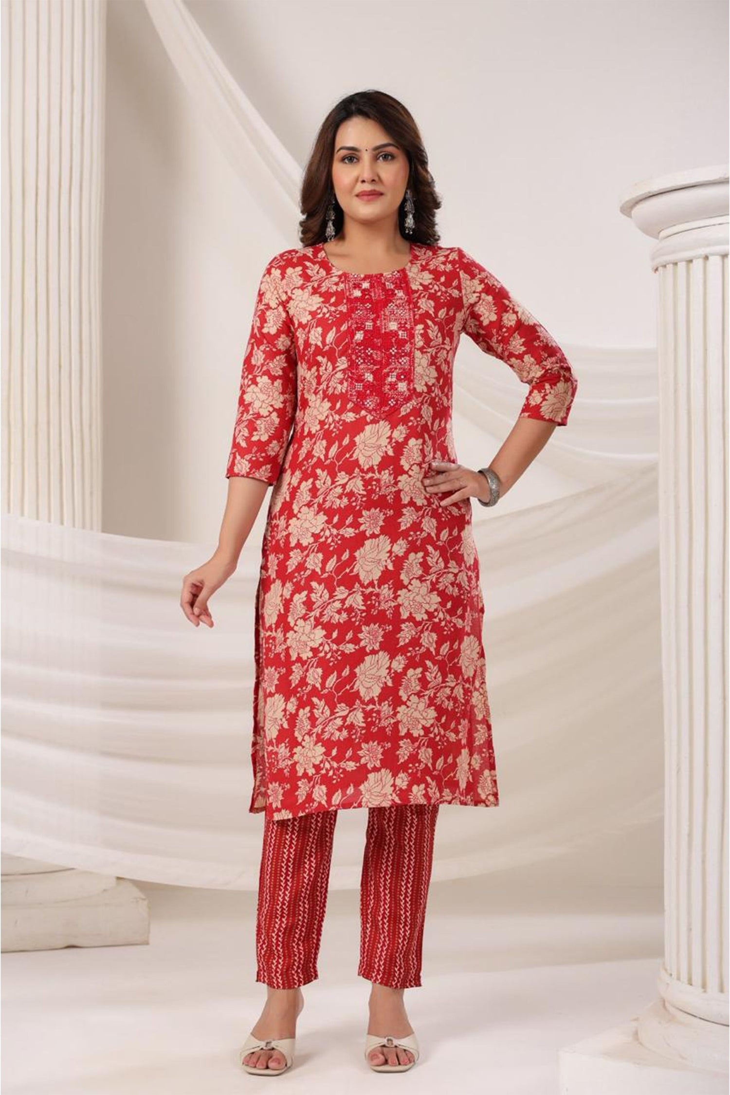 Women Elegant Floral Print Kurta Set with Dupatta | Straight Fit Ethnic Wear | 3 Piece Suit Set for Festive & Casual