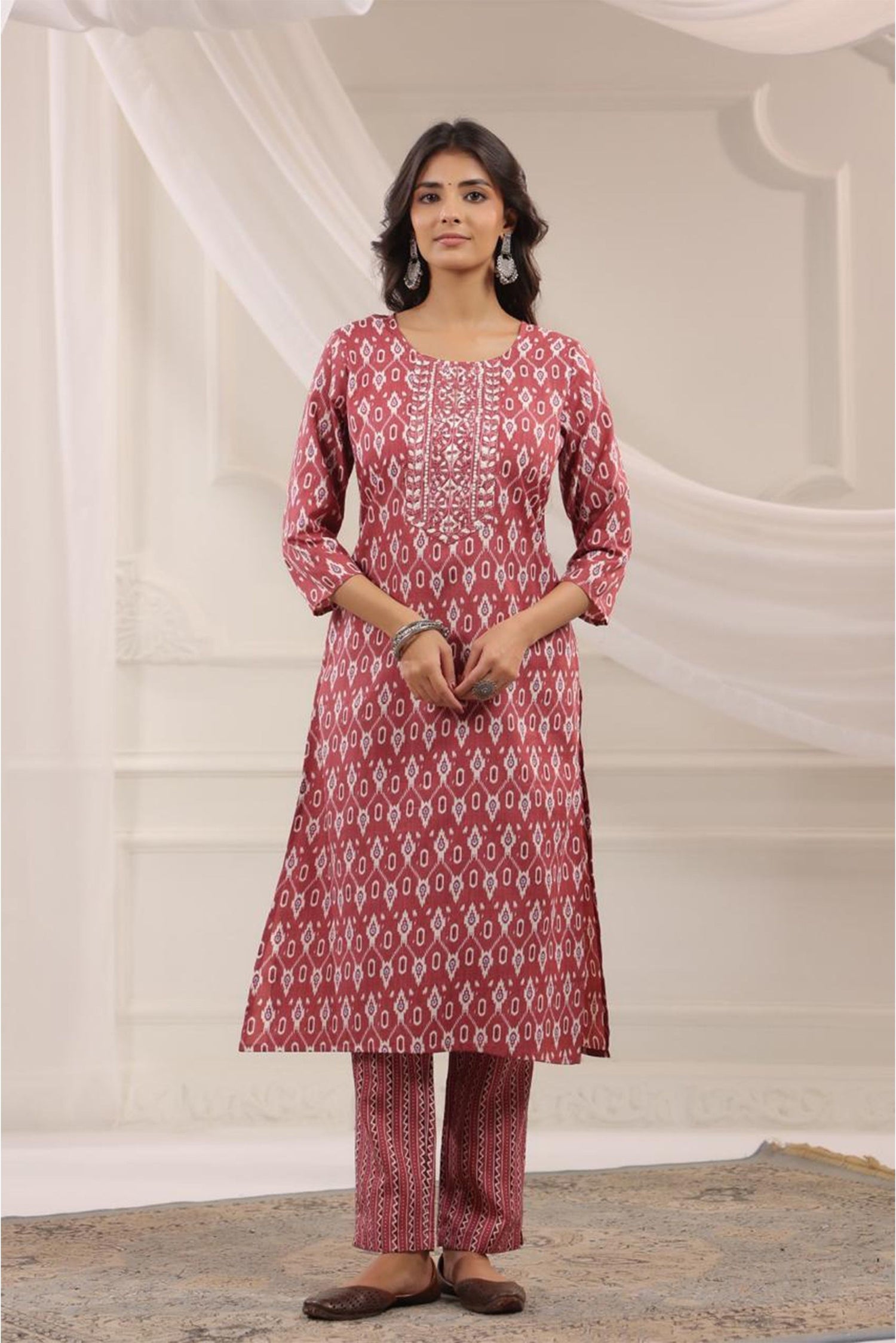 Women Rust Red Printed Kurta Set with Dupatta | Straight Fit Kurta Pant Set | Ethnic Wear for Women