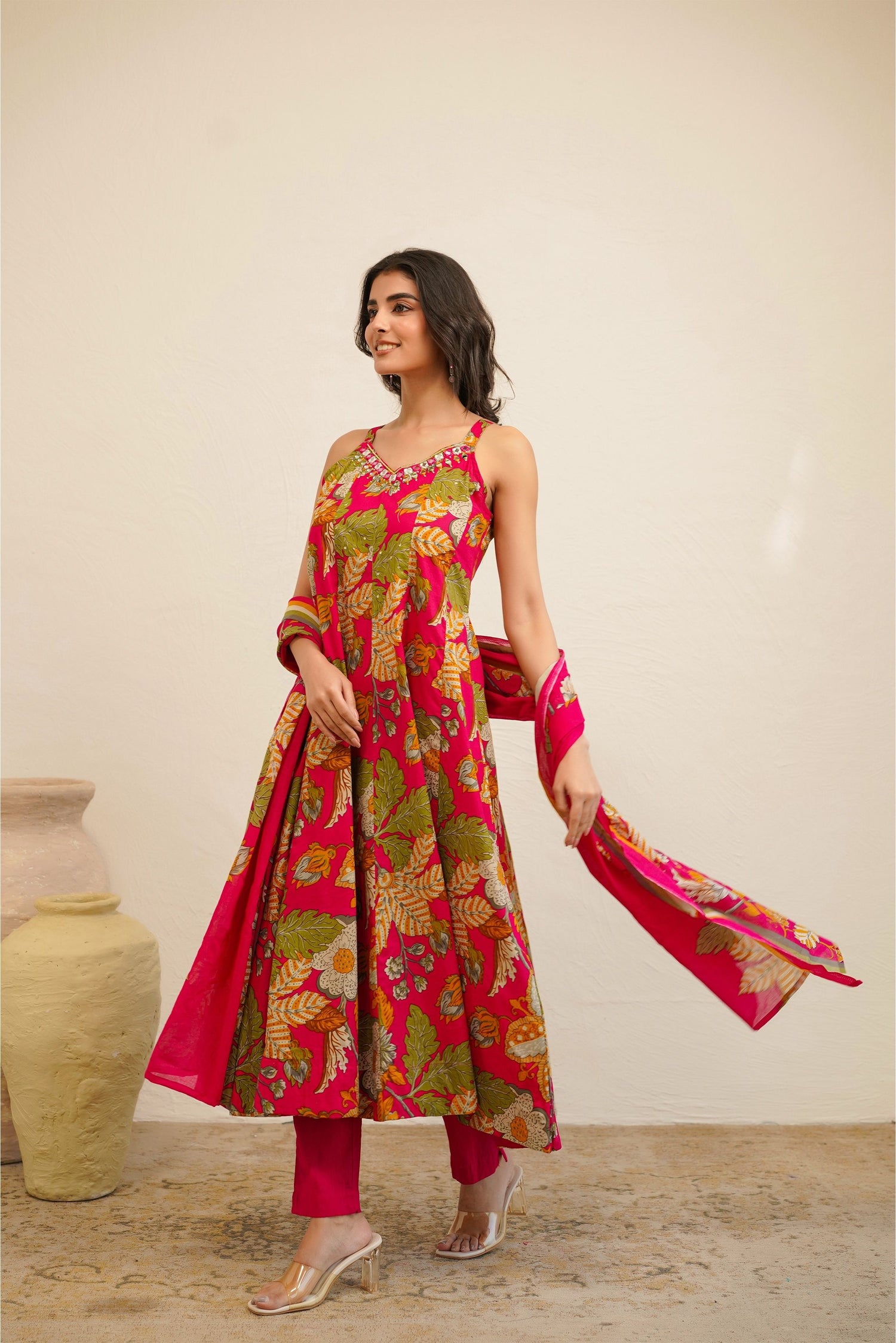 Women Sleeveless Floral Printed Anarkali Kurta Set with Dupatta | Flared Kurta Pant Set | Ethnic Wear for Women