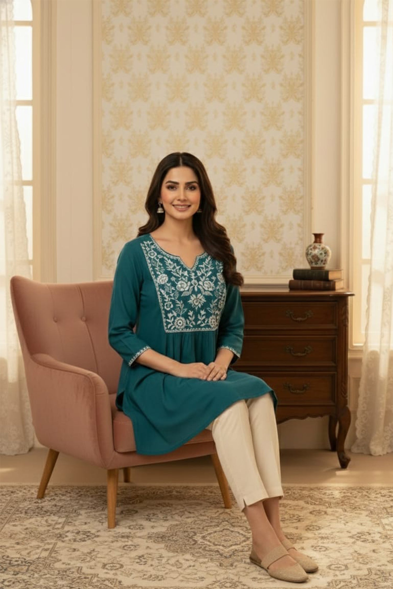 Elegant Floral Embroidered Short Kurti – Premium Ethnic Wear