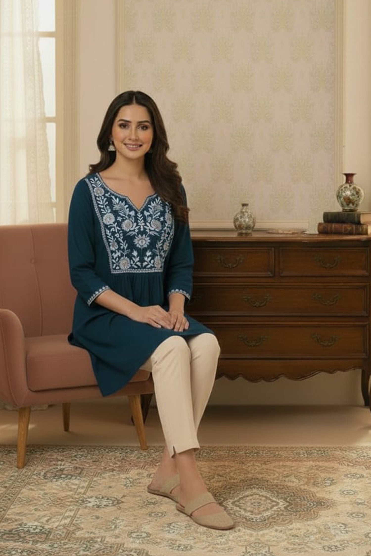 Elegant Floral Embroidered Short Kurti – Premium Ethnic Wear