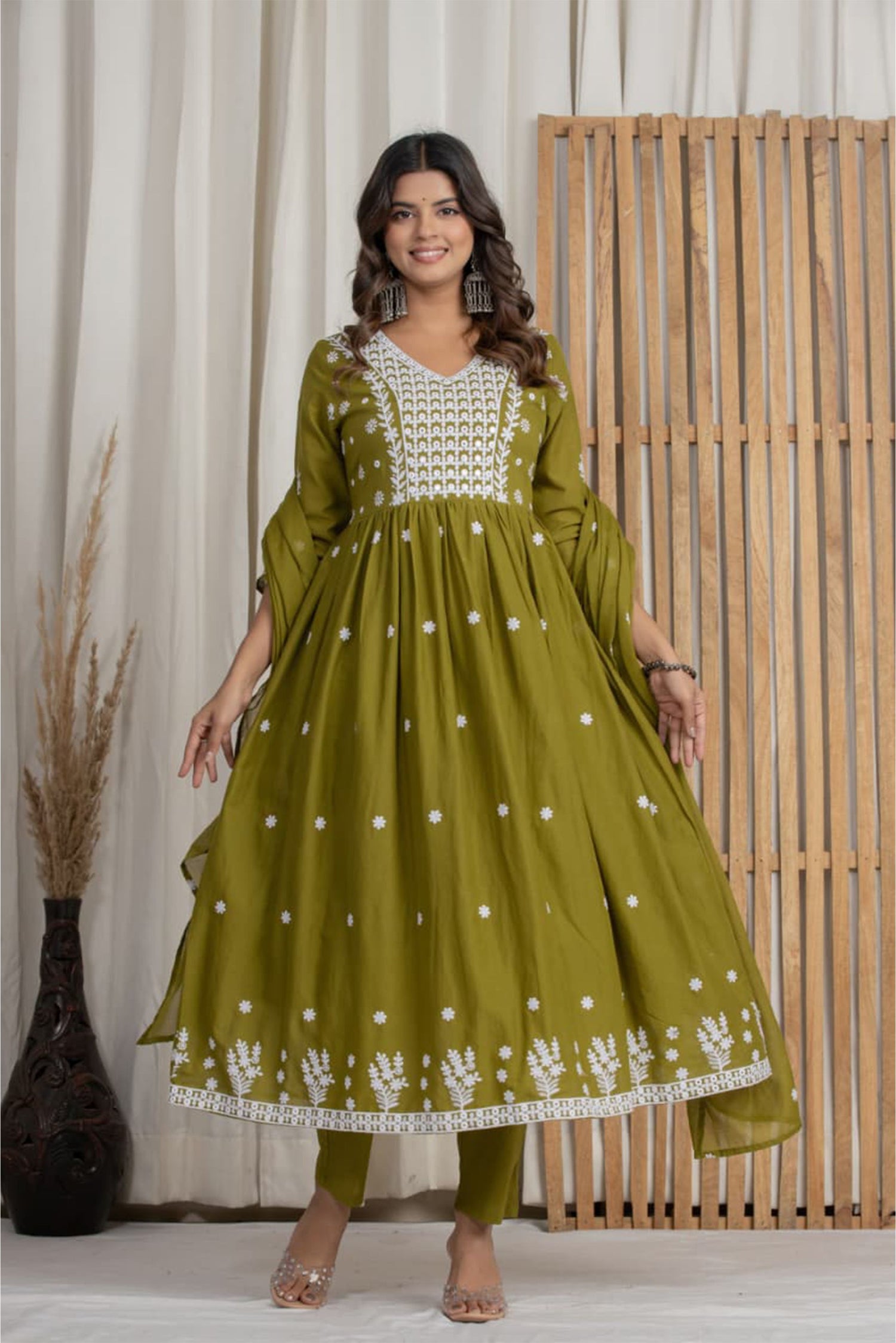 Women Olive Green Cotton Kurta Set with Dupatta