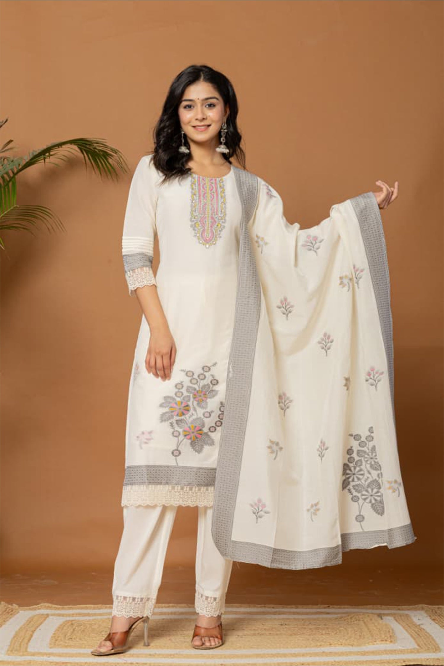 Women Off White Cotton Kurta Set with Dupatta