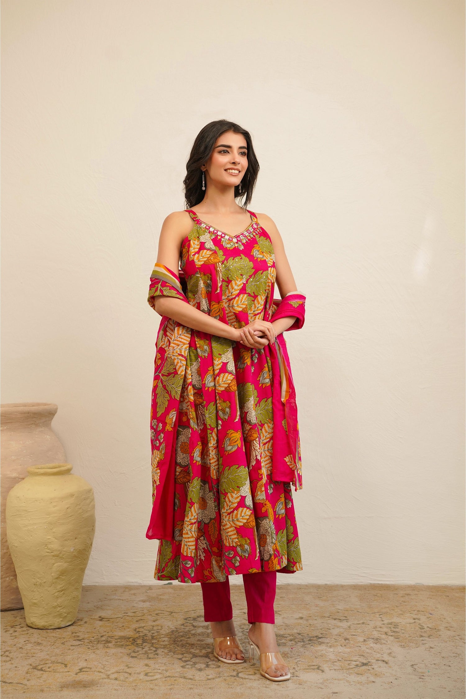 Women Sleeveless Floral Printed Anarkali Kurta Set with Dupatta | Flared Kurta Pant Set | Ethnic Wear for Women