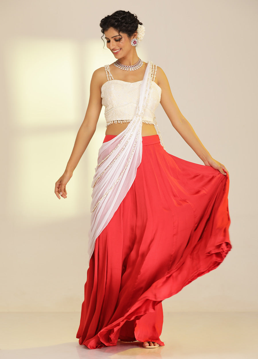 Pearl Embellished Blouse Dupatta and Skirt