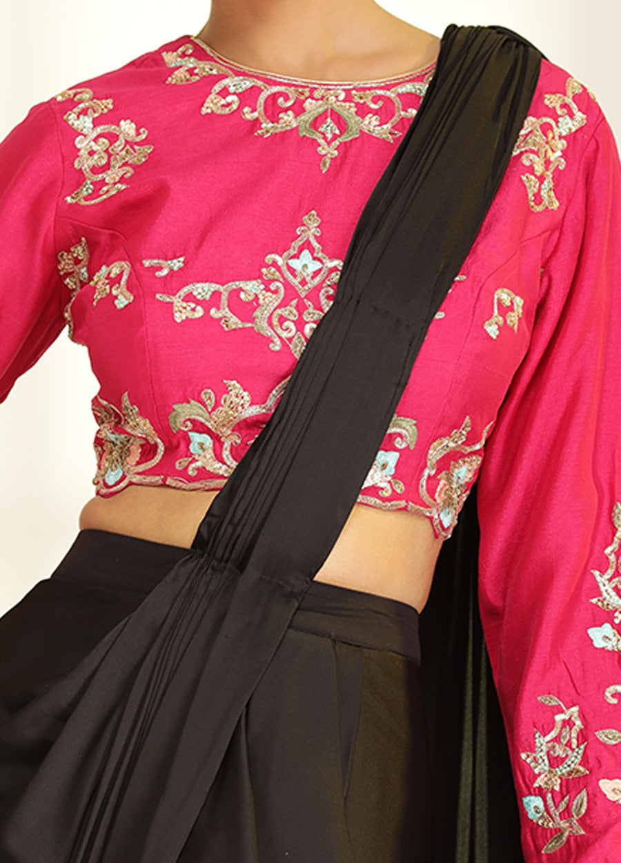 Hot Pink Blouse With Black Drape Saree