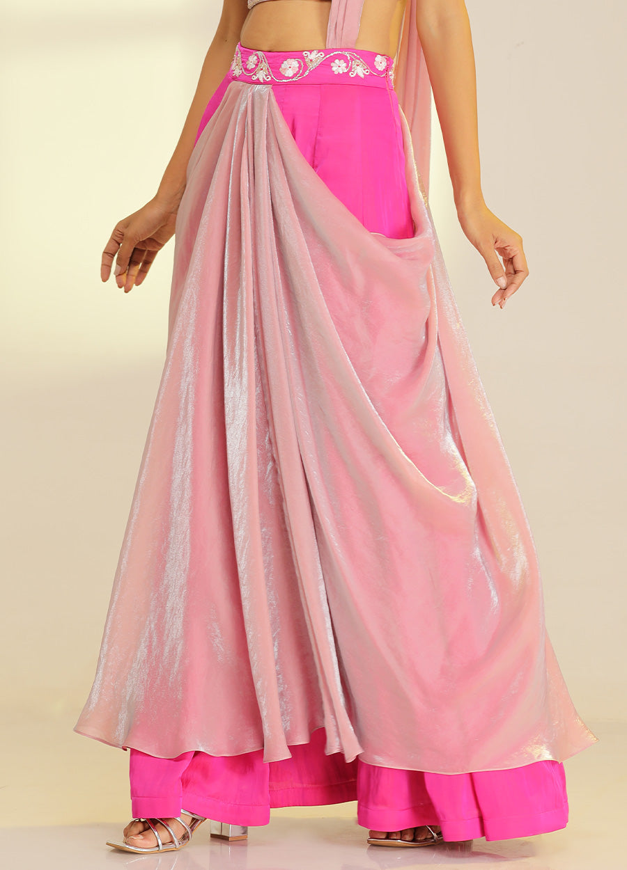 Draped Saree With Hand Embroided Blouse And Skirt