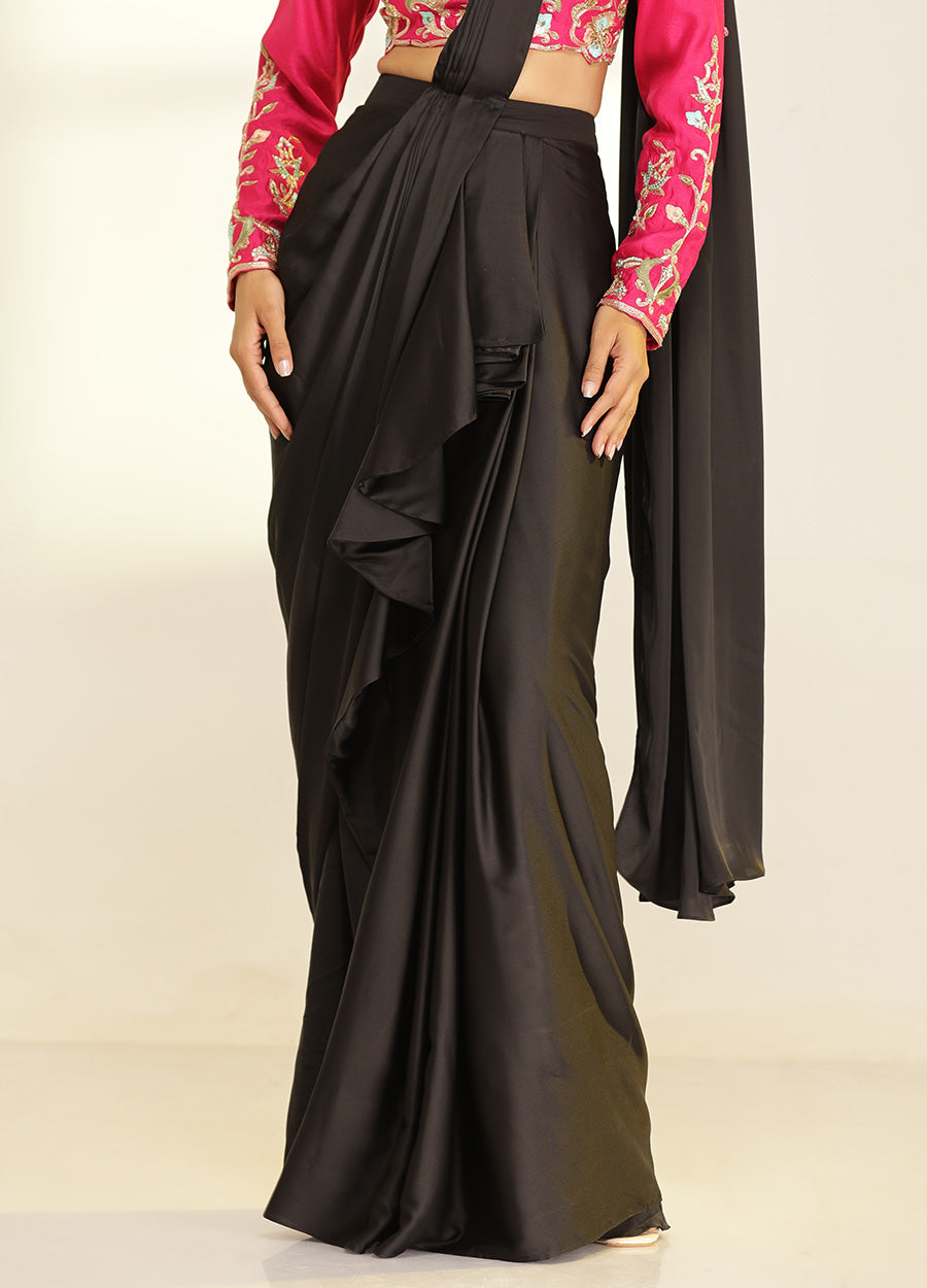 Hot Pink Blouse With Black Drape Saree