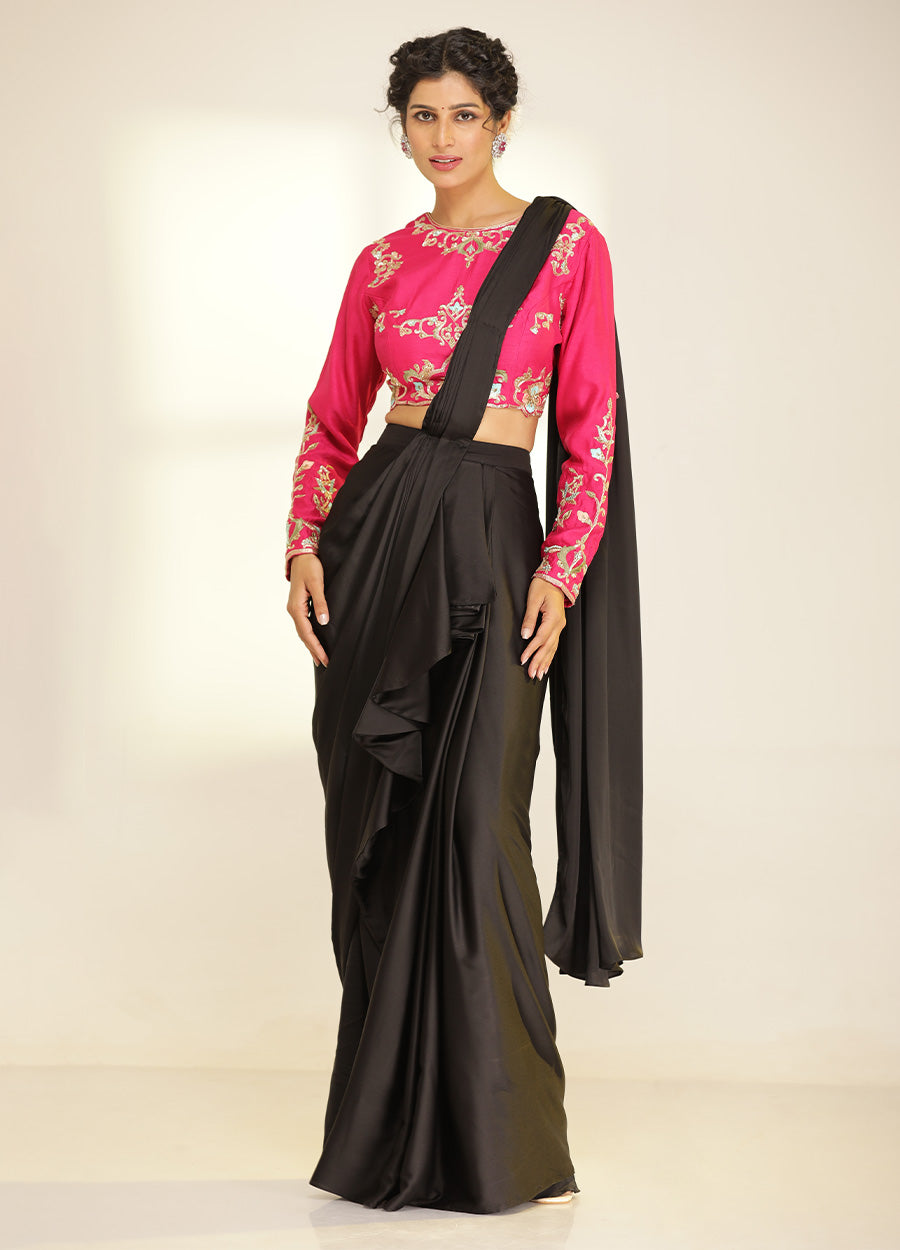 Hot Pink Blouse With Black Drape Saree