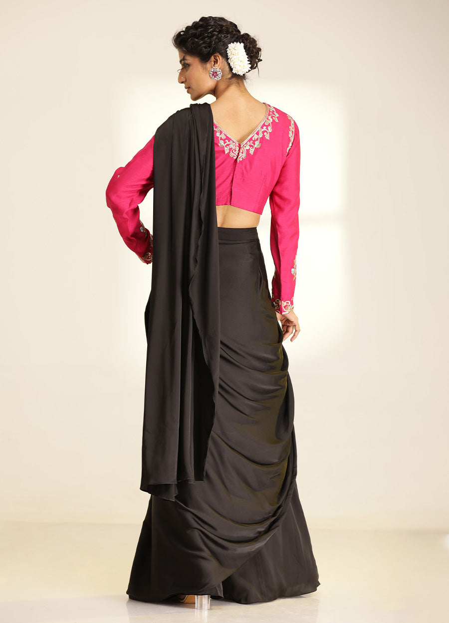 Hot Pink Blouse With Black Drape Saree