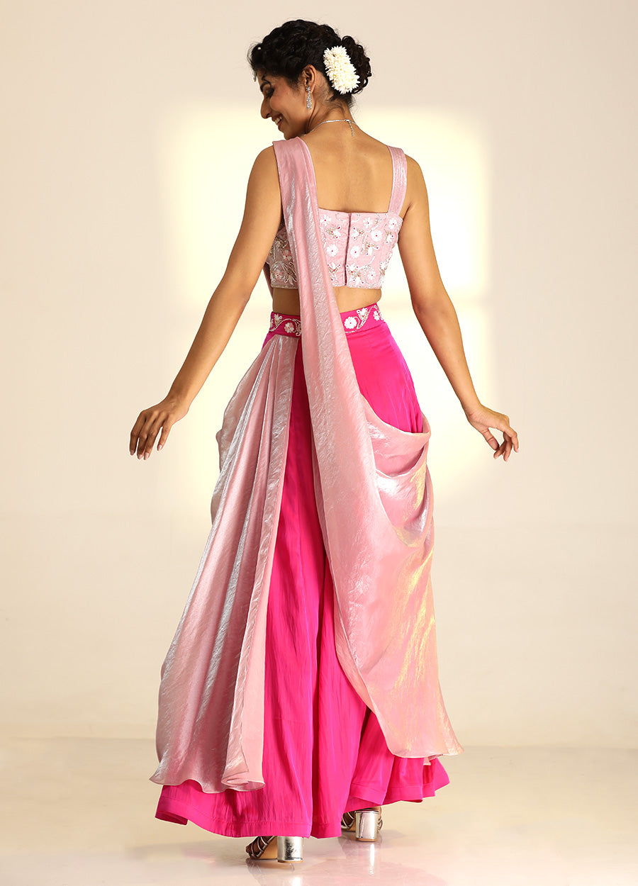 Draped Saree With Hand Embroided Blouse And Skirt