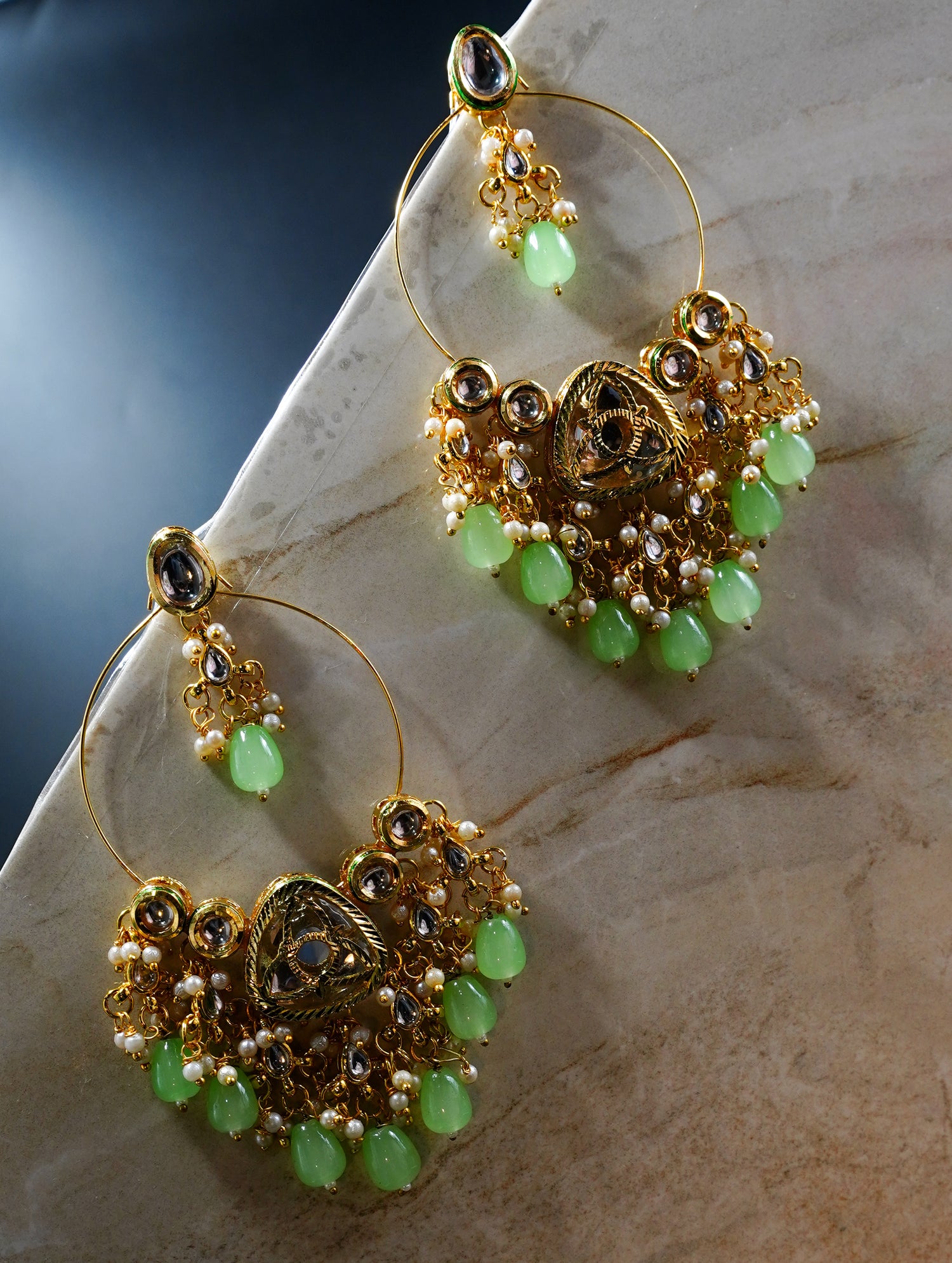 Gold Plated Kundan Hoop Earrings with Green Beads & Pearls