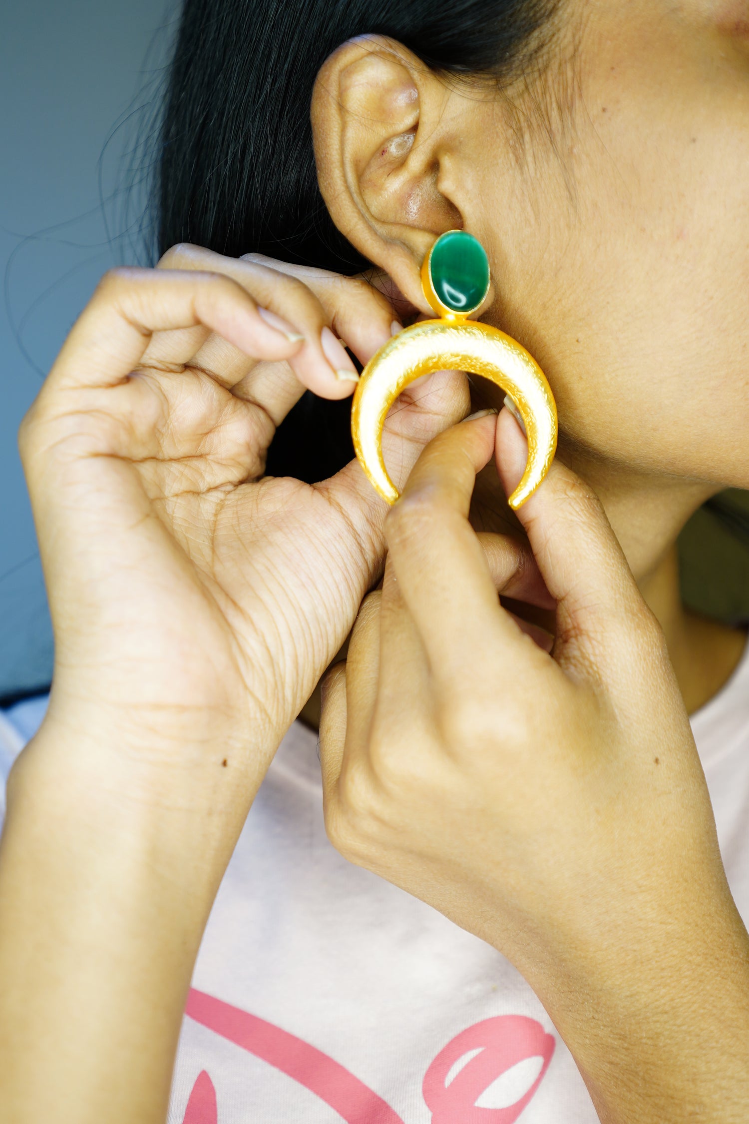 Gold Plated Crescent Moon Earrings with Green Stone