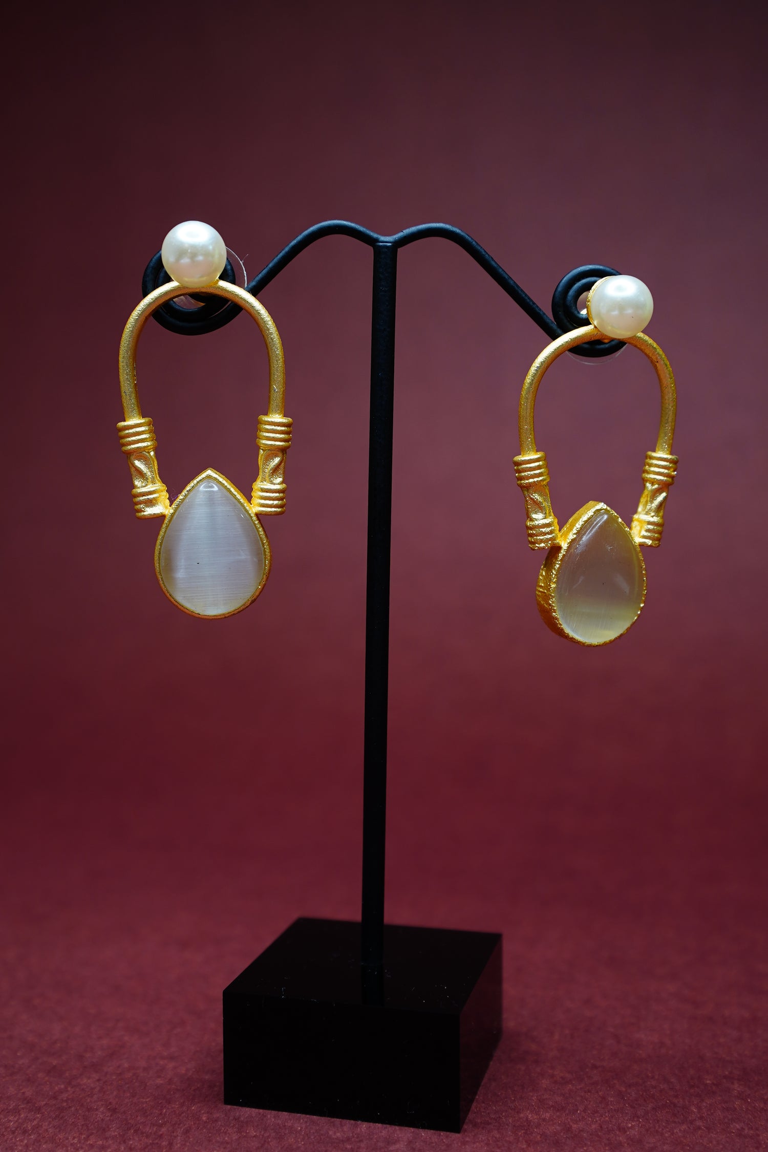 Gold Plated Pearl & White Stone Drop Earrings for Women