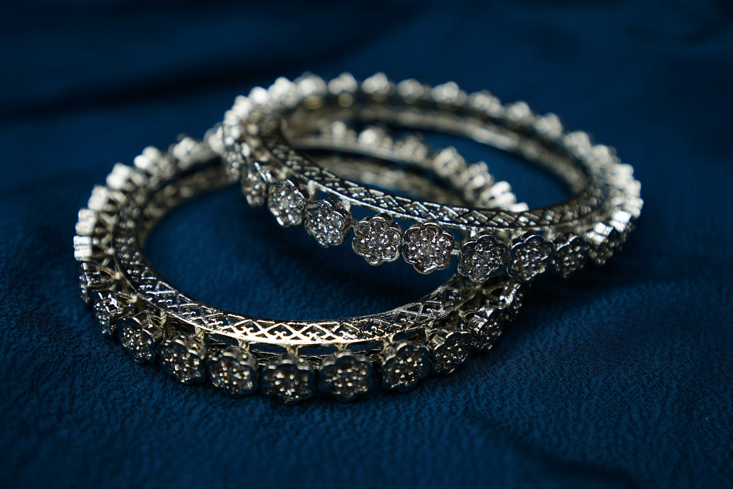 Oxidized Silver Floral Stone Studded Bangles for Women