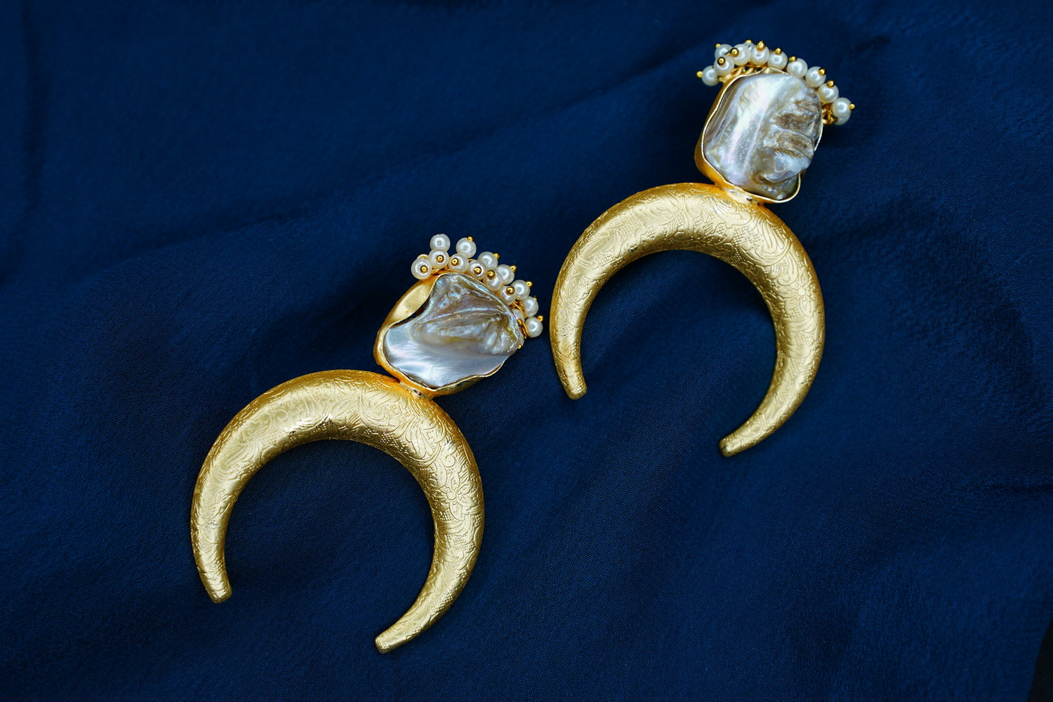 Gold Plated Crescent Hoop Earrings with Baroque Pearl & Beads