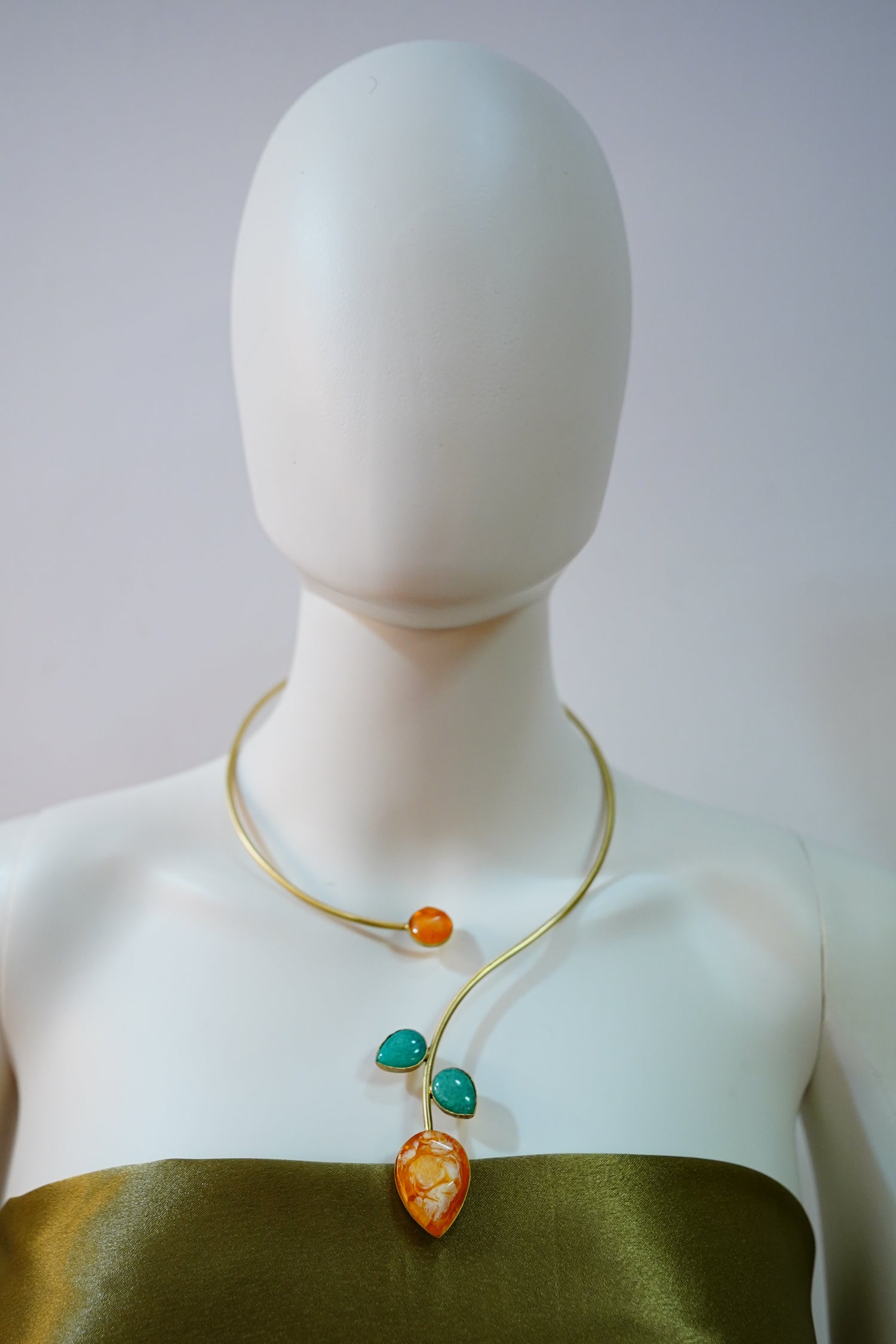 Vibrant Orange and Blue Stone  Studded Hasli Brass Necklace
