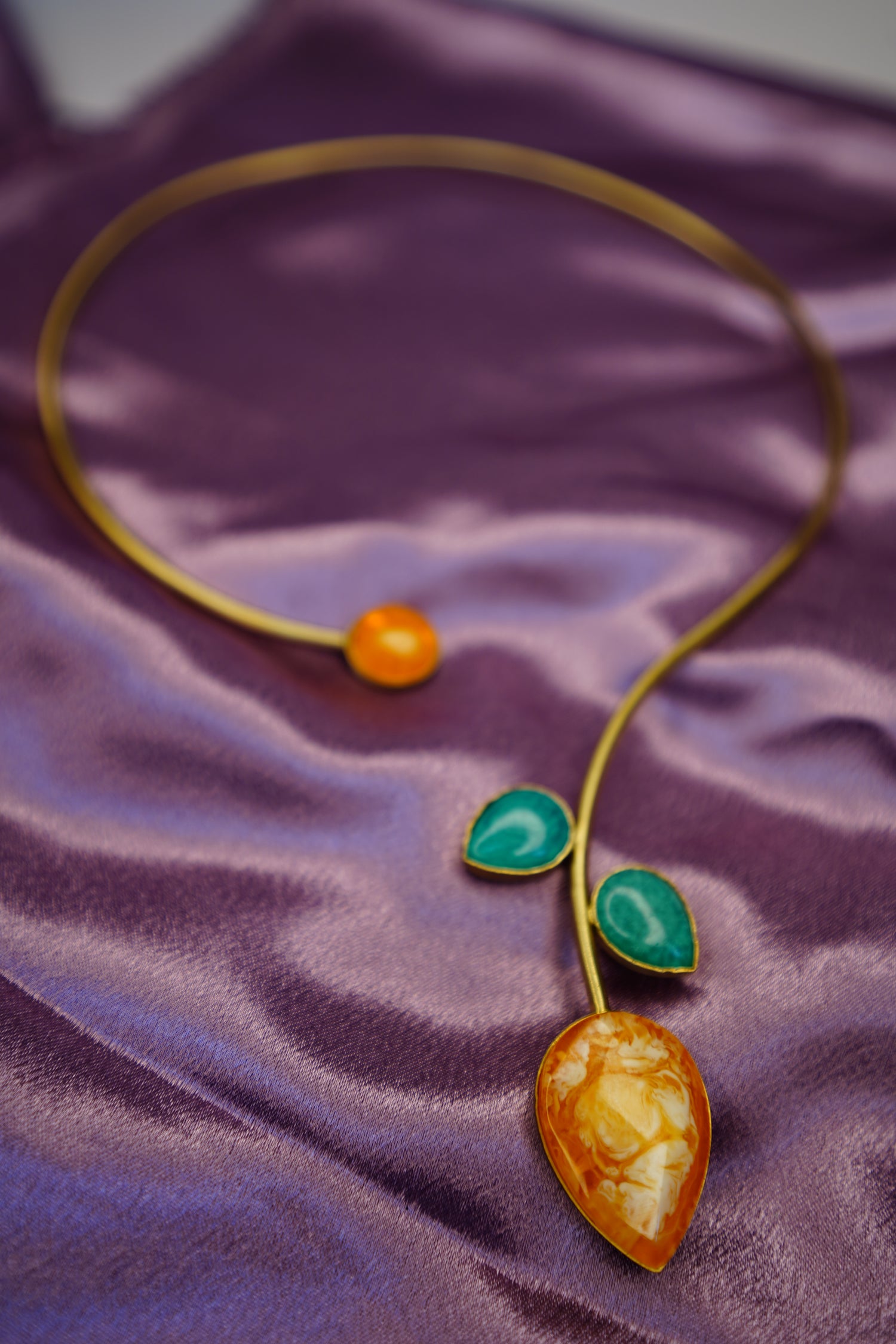 Vibrant Orange and Blue Stone  Studded Hasli Brass Necklace