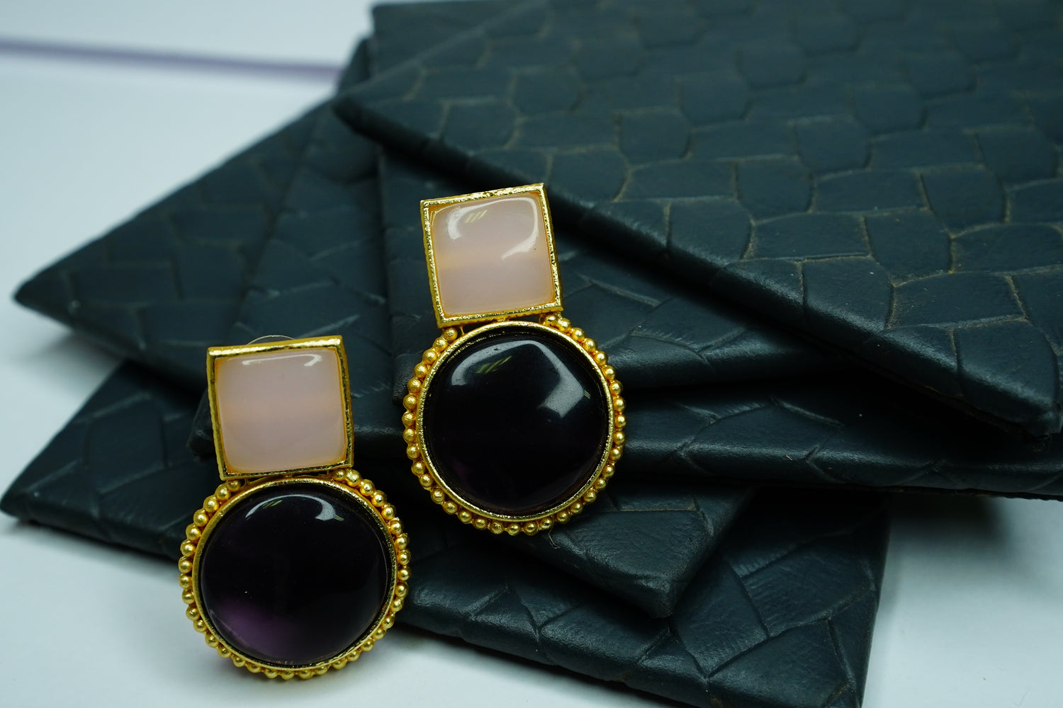 Gold Plated Black & Blush Stone Drop Earrings for Women
