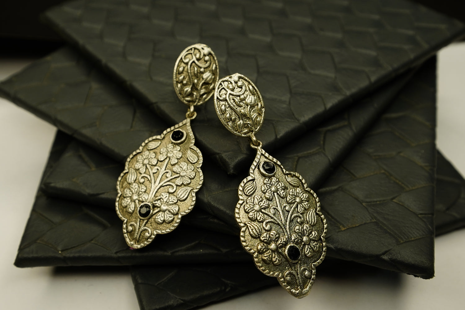Antique Gold Floral Drop Earrings with Black Stone