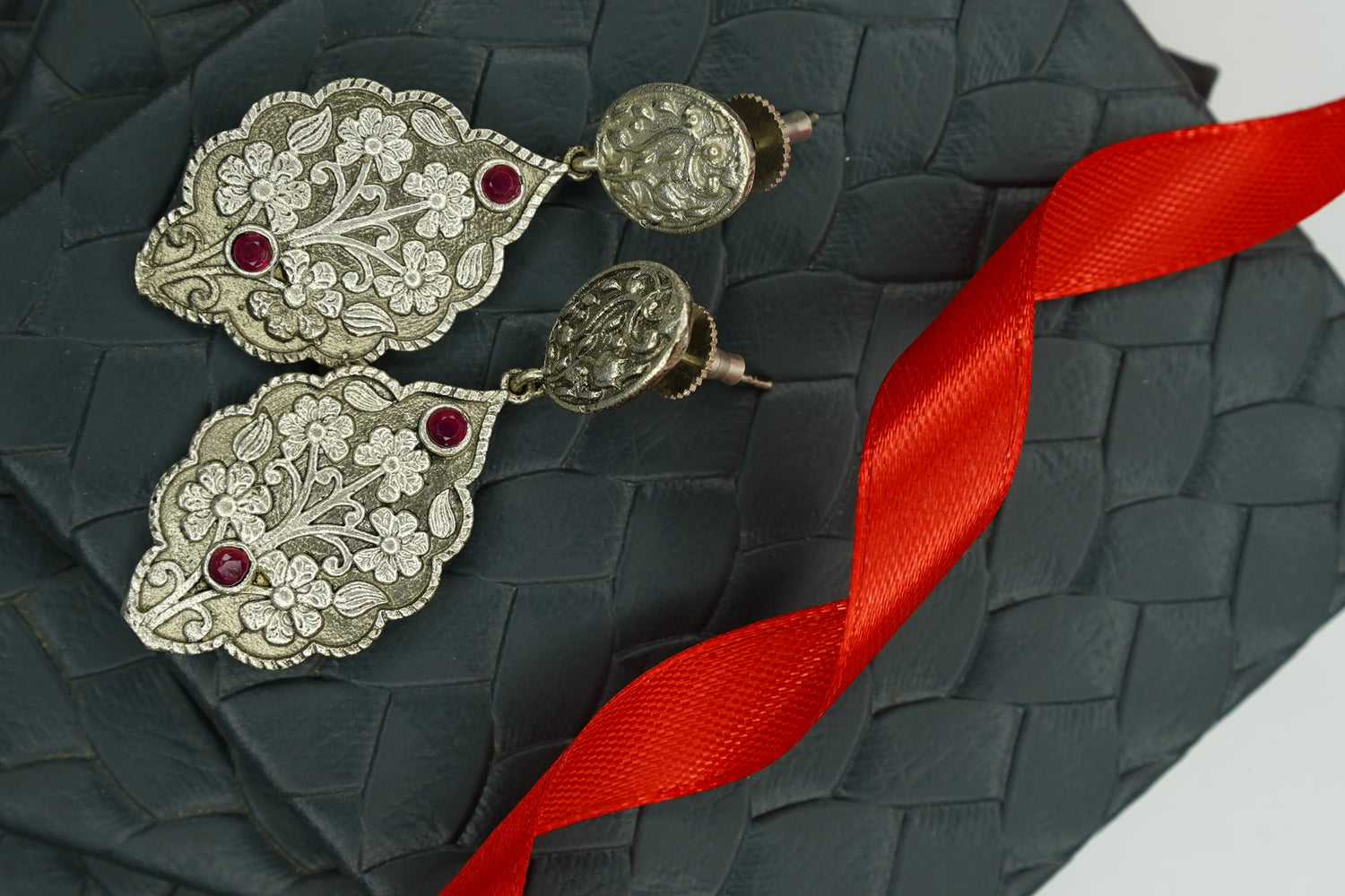 Antique Gold Floral Drop Earrings with Black Stone