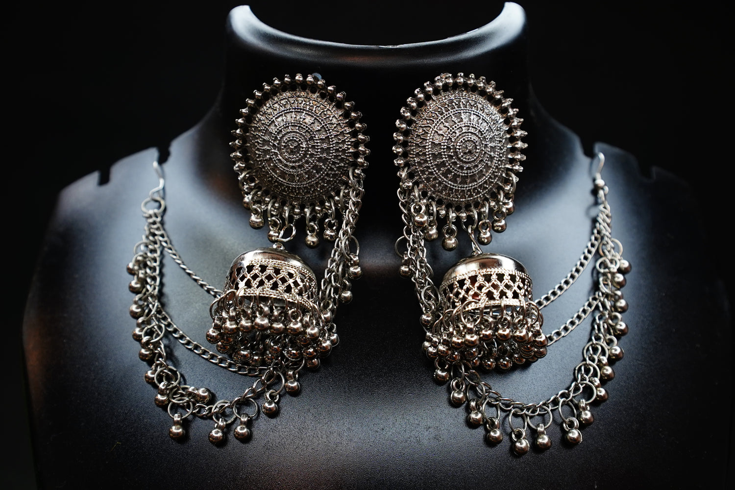 Noor-E-Chand Silver Jhumka Chain Earrings