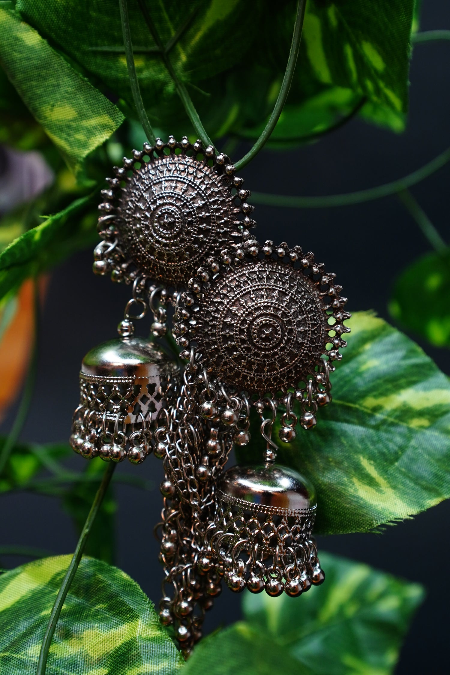 Noor-E-Chand Silver Jhumka Chain Earrings