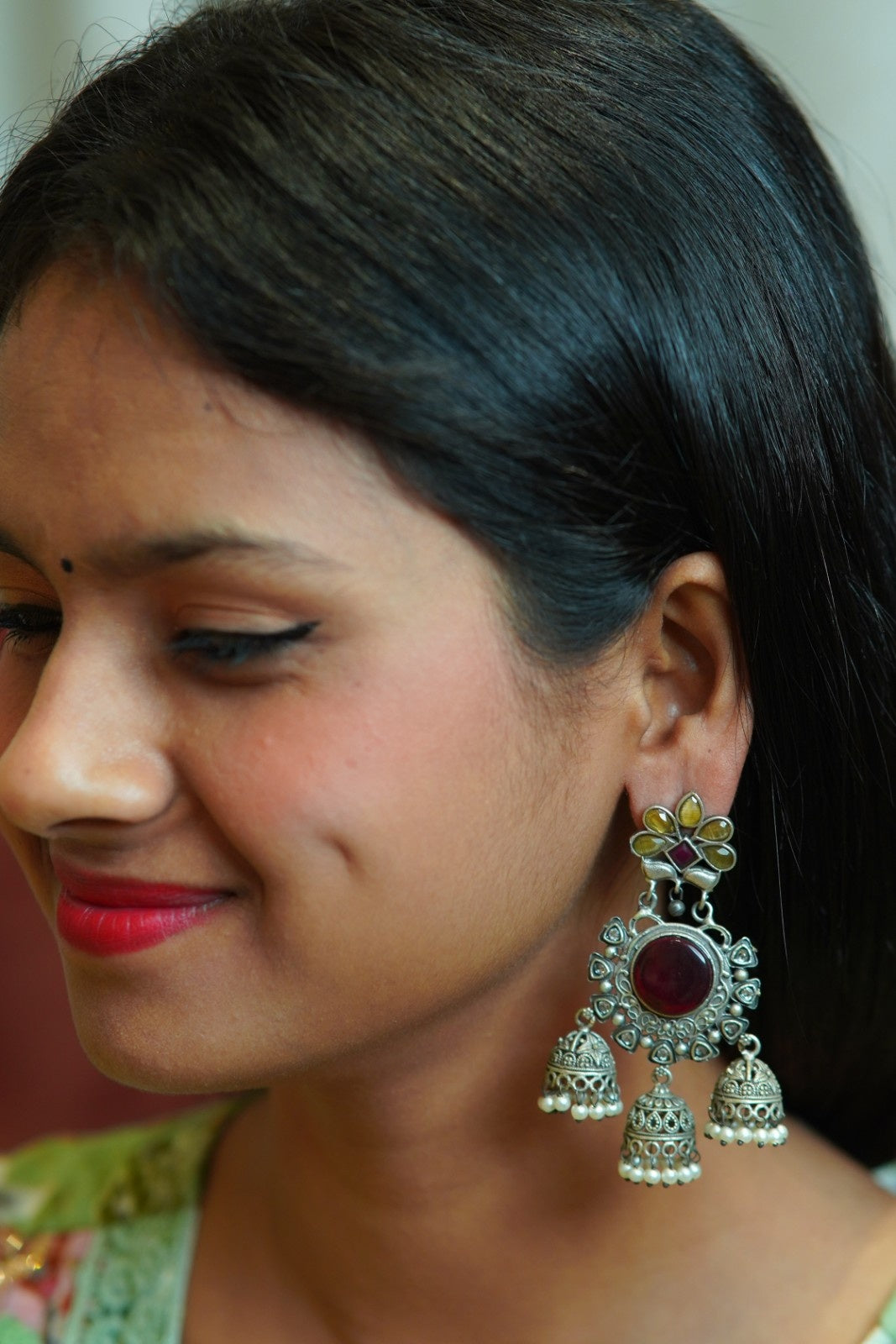 Silver-Plated  Stone-Studded & Beaded Silver Diamond  Shaped Oxidised Jhumkas