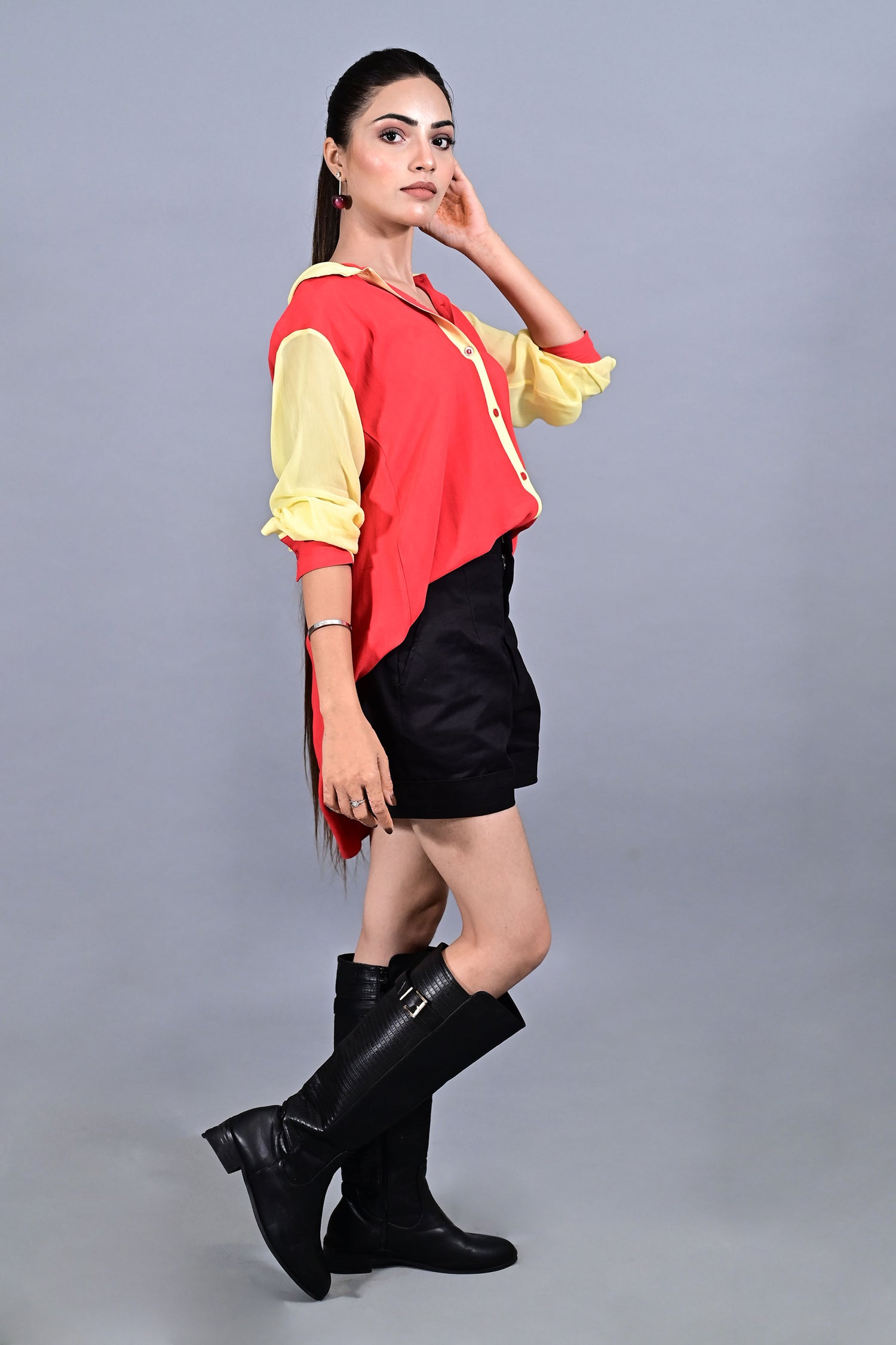 Crimson Pop Contrast Shirt  with black shorts