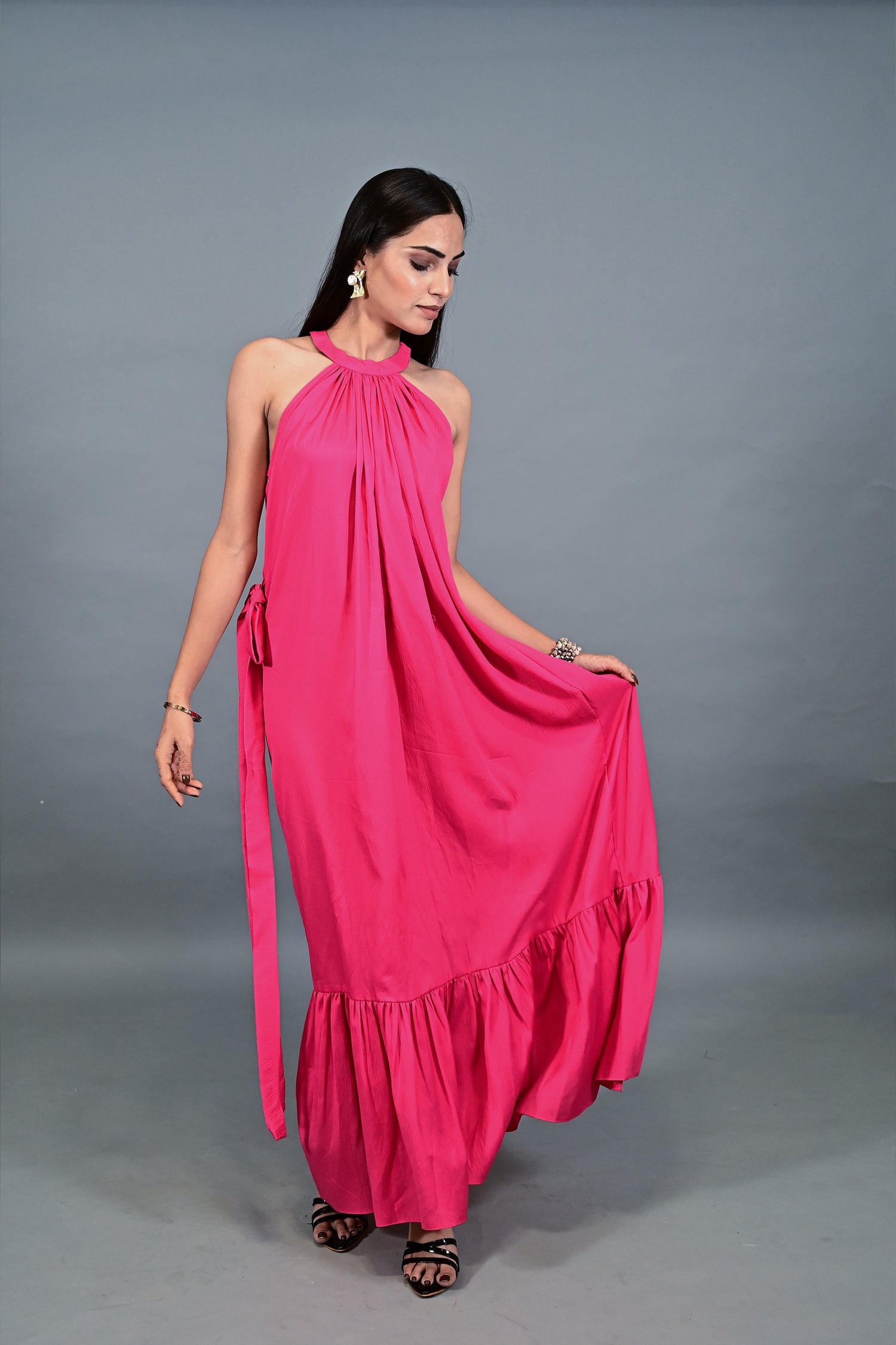 Fuchsia Bloom Halter Maxi Dress