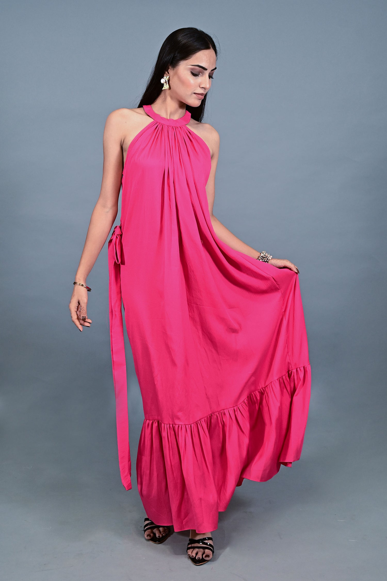Fuchsia Bloom Halter Maxi Dress