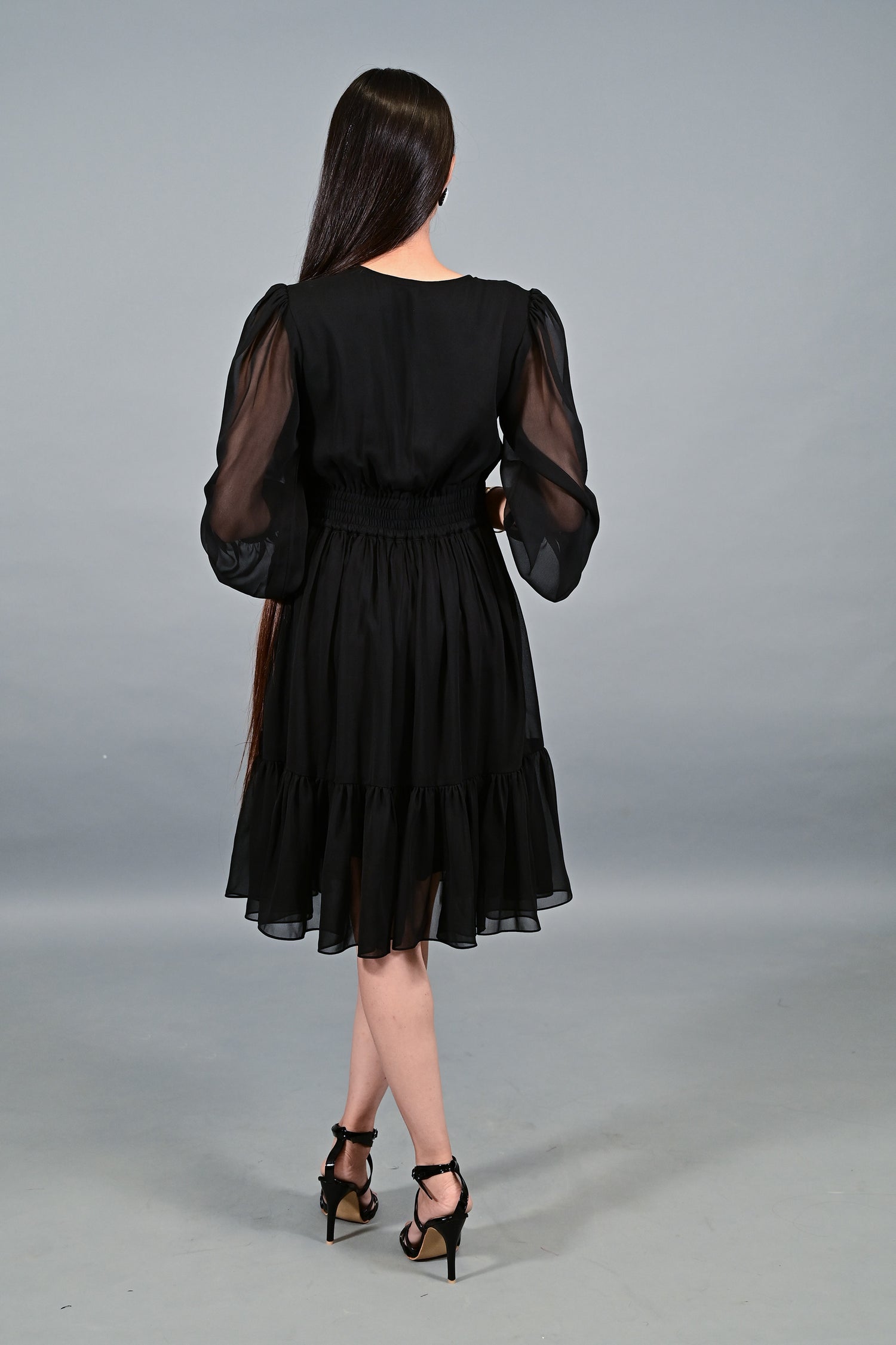 Georgette Puff Sleeves Fit and Flare  Midi Black Dress