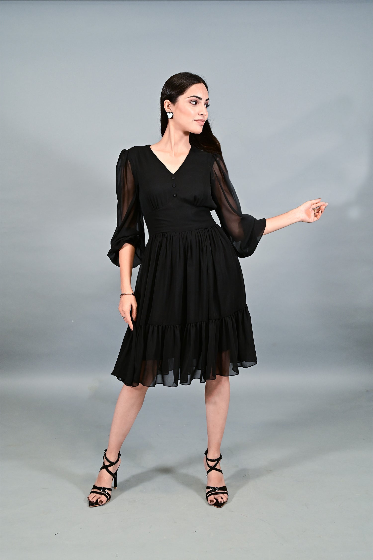 Georgette Puff Sleeves Fit and Flare  Midi Black Dress