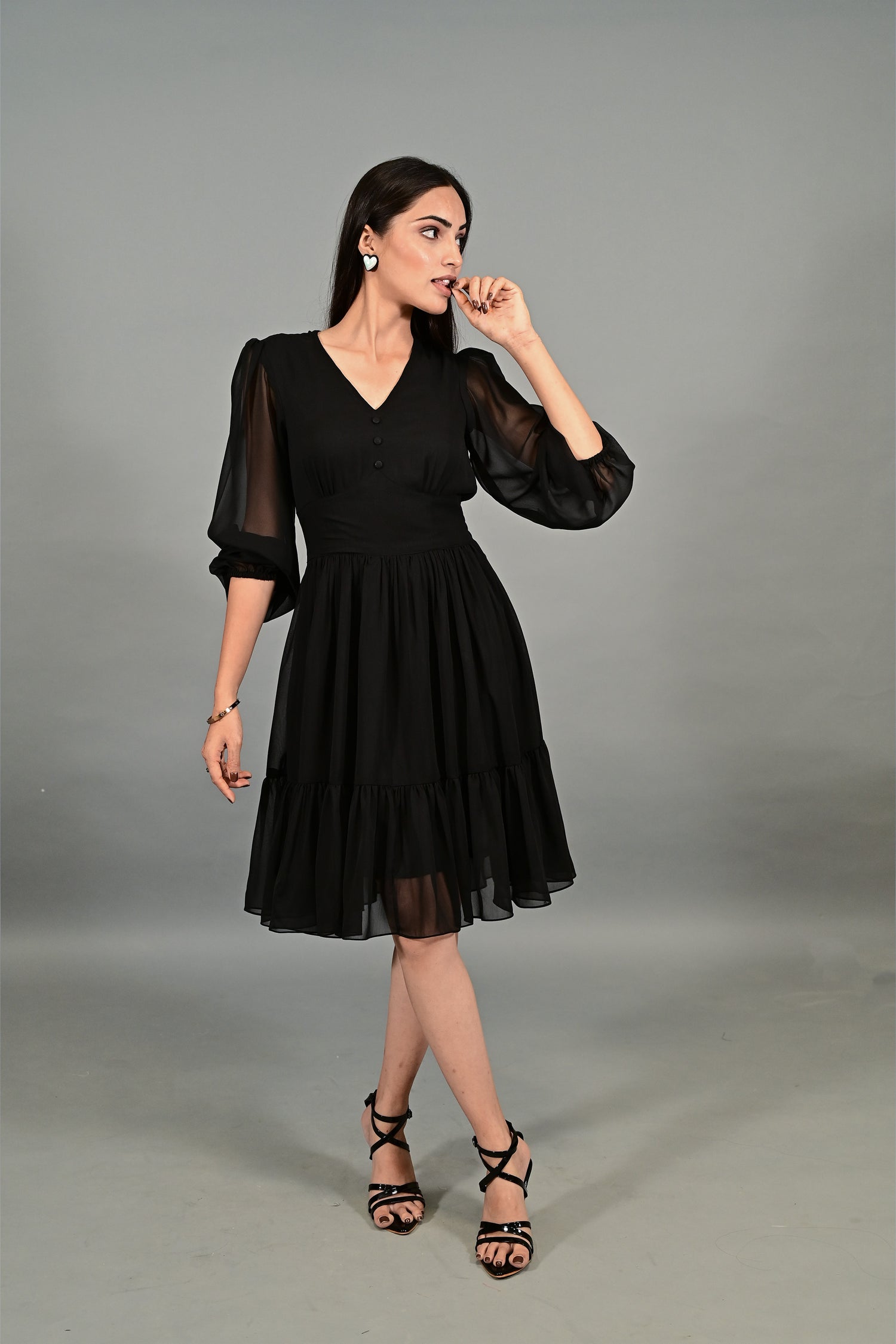 Georgette Puff Sleeves Fit and Flare  Midi Black Dress