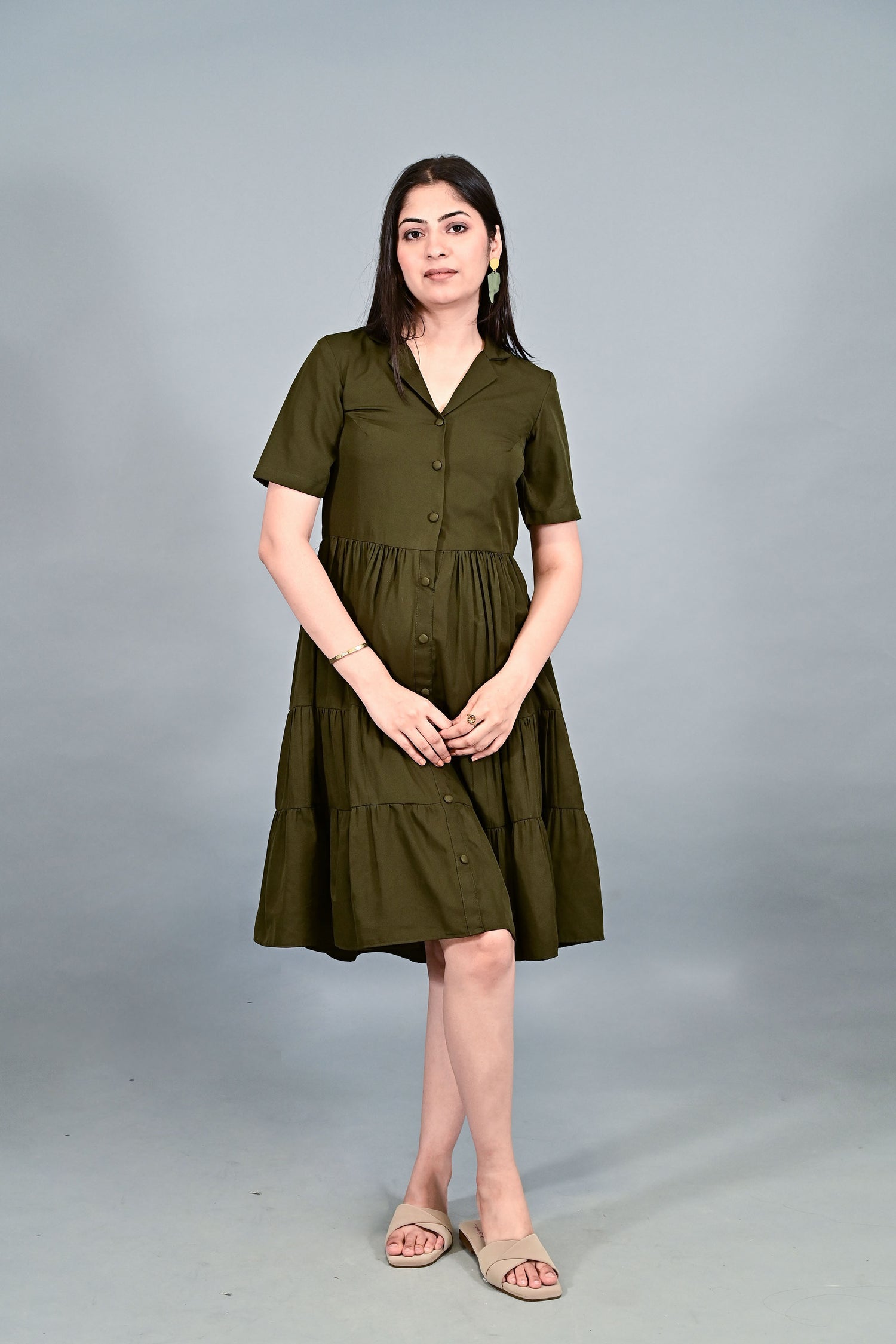 Olive Breeze Tiered Shirt Dress