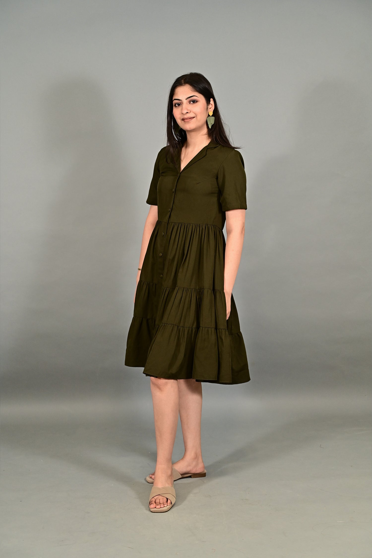 Olive Breeze Tiered Shirt Dress