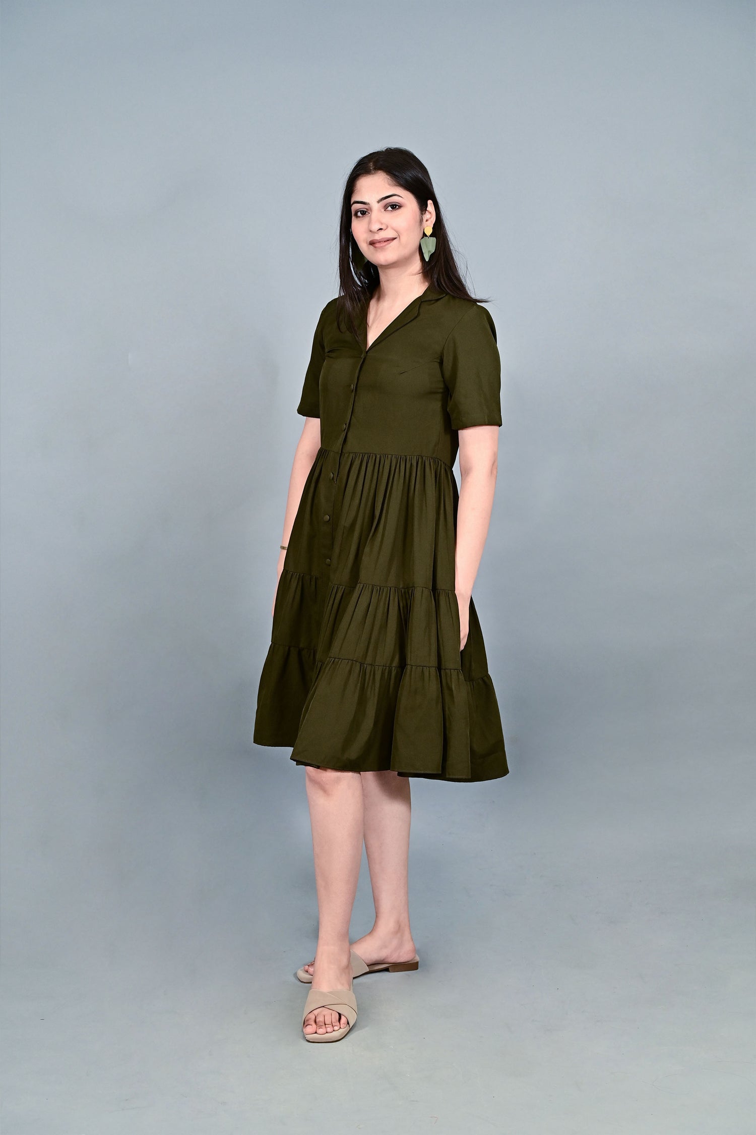 Olive Breeze Tiered Shirt Dress