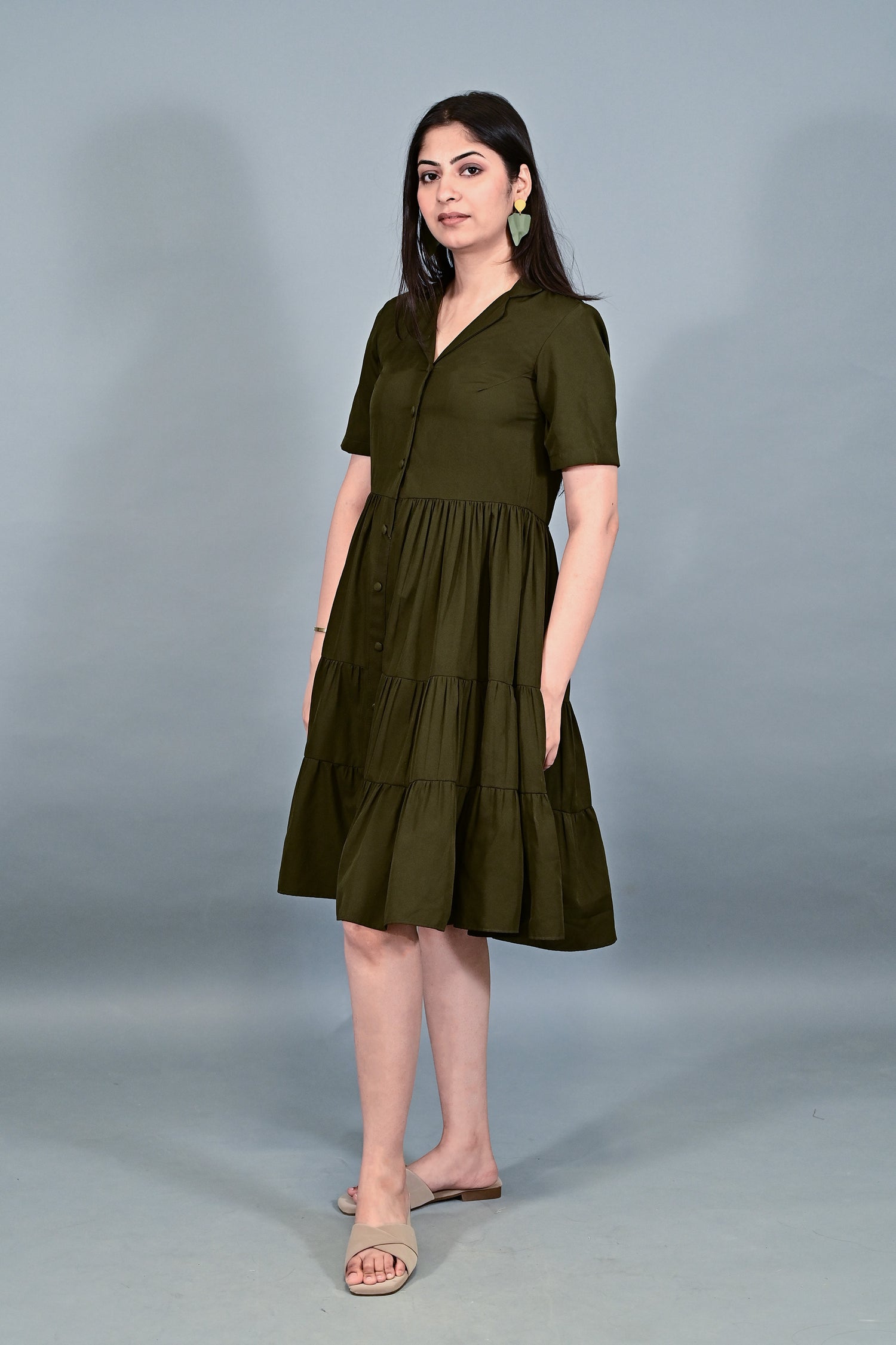 Olive Breeze Tiered Shirt Dress