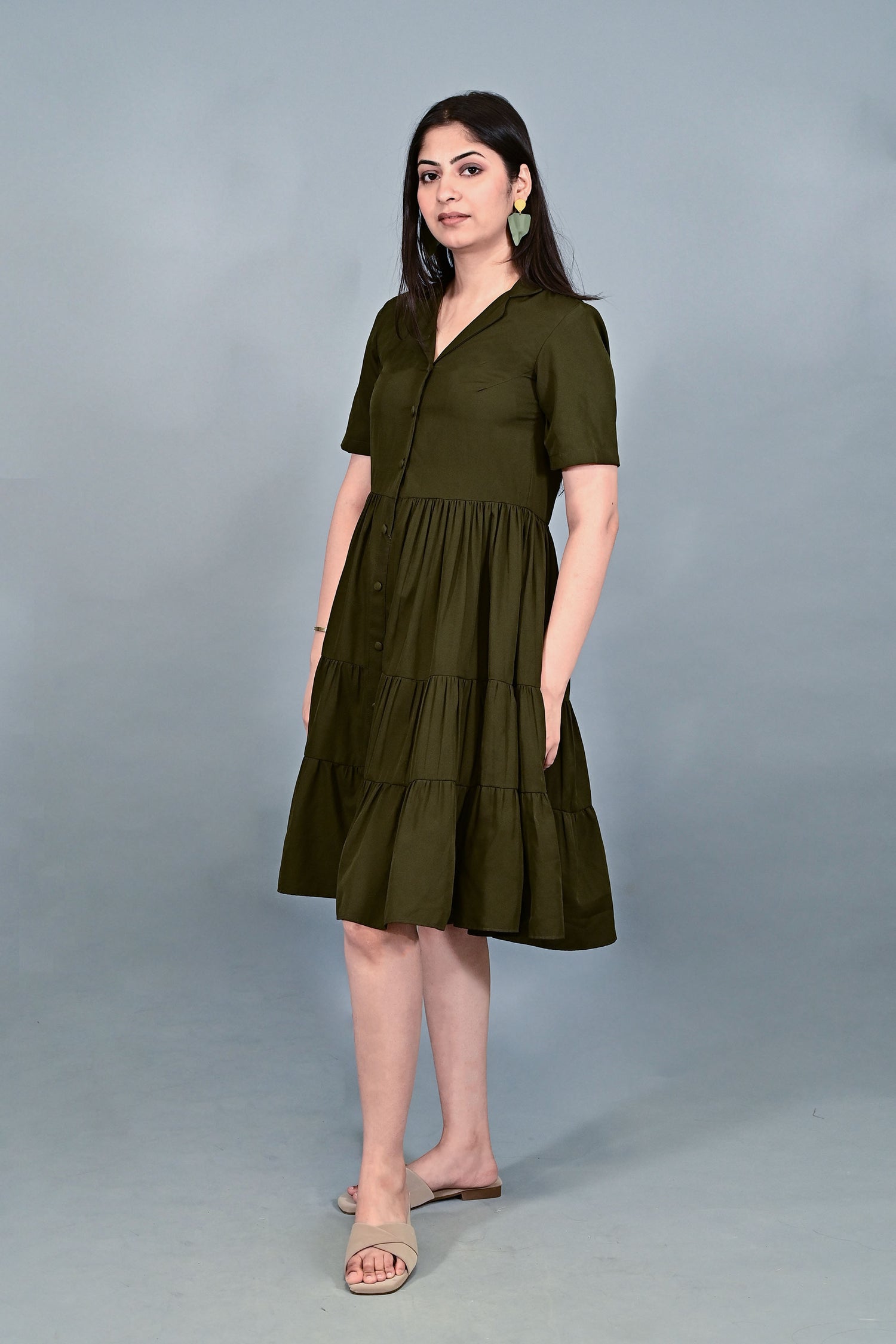 Olive Breeze Tiered Shirt Dress