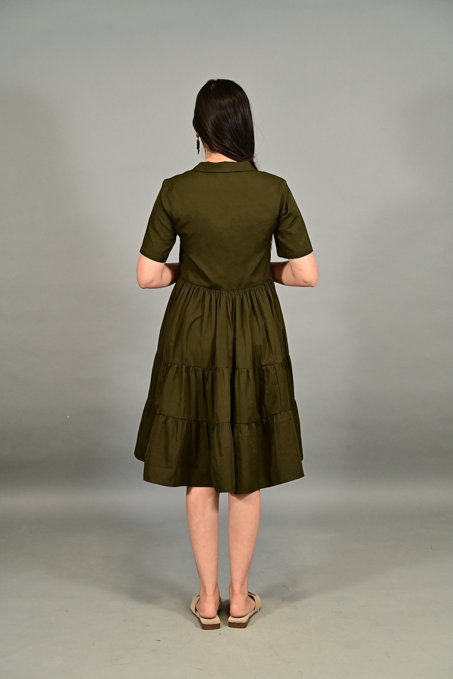 Olive Breeze Tiered Shirt Dress