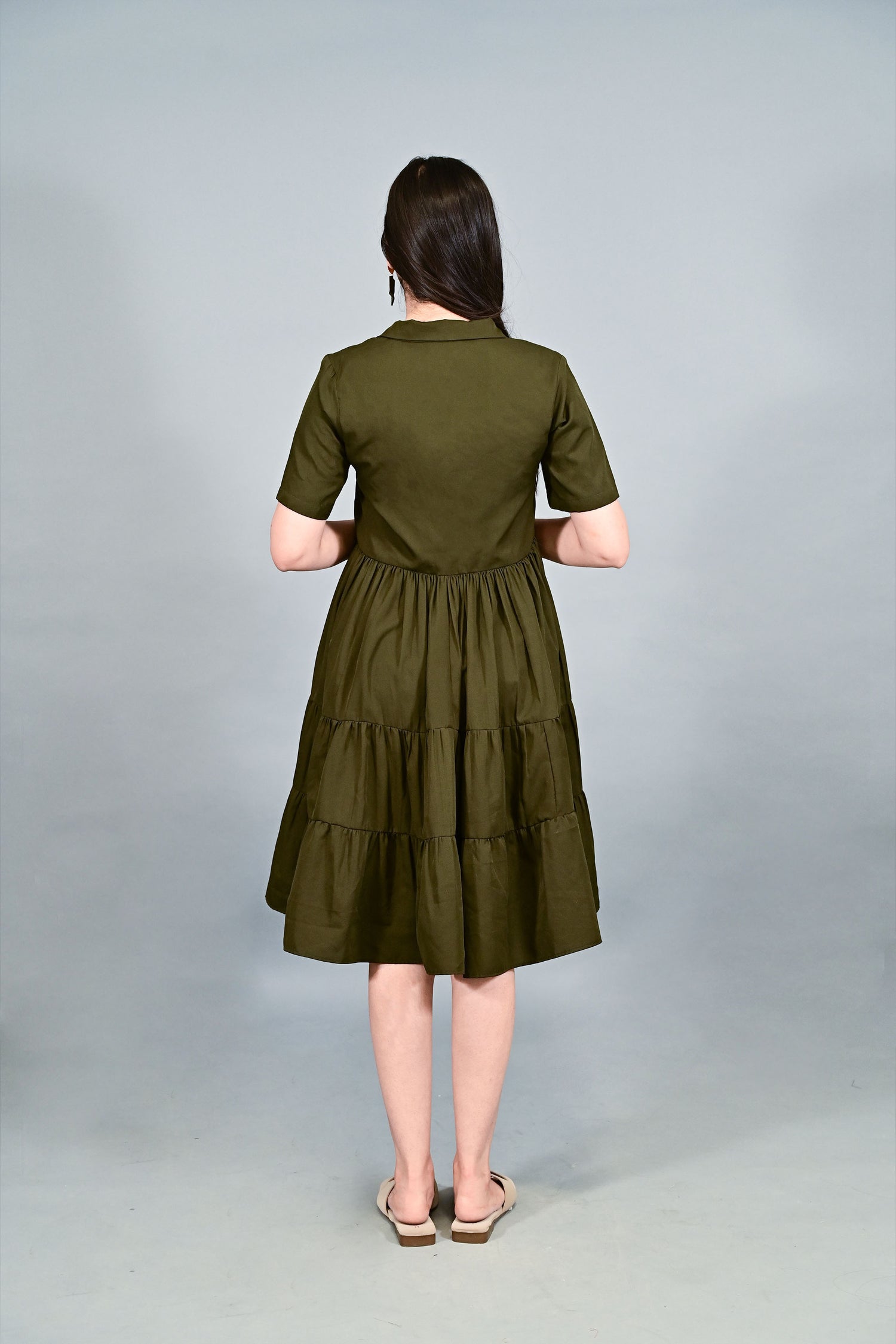 Olive Breeze Tiered Shirt Dress