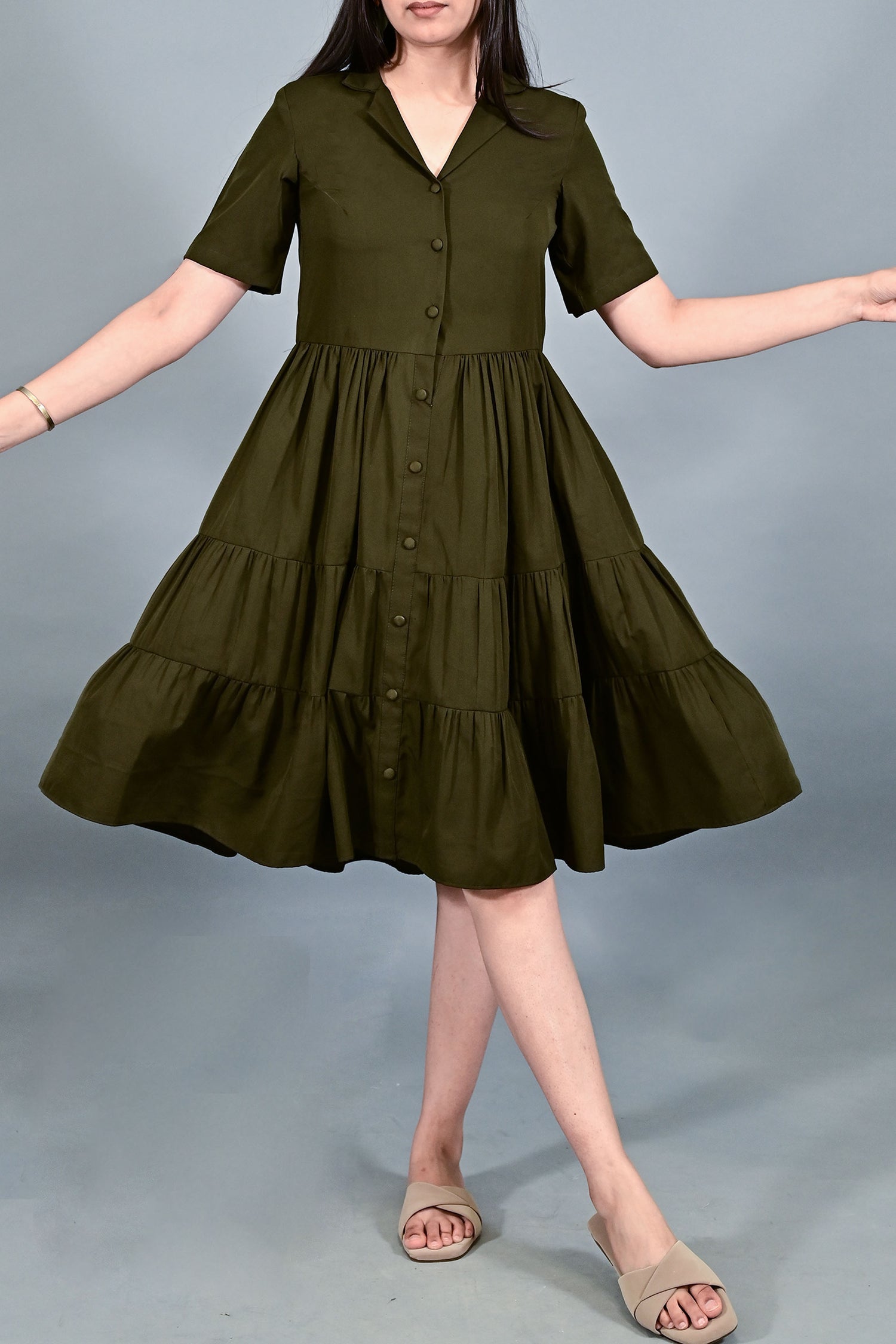 Olive Breeze Tiered Shirt Dress