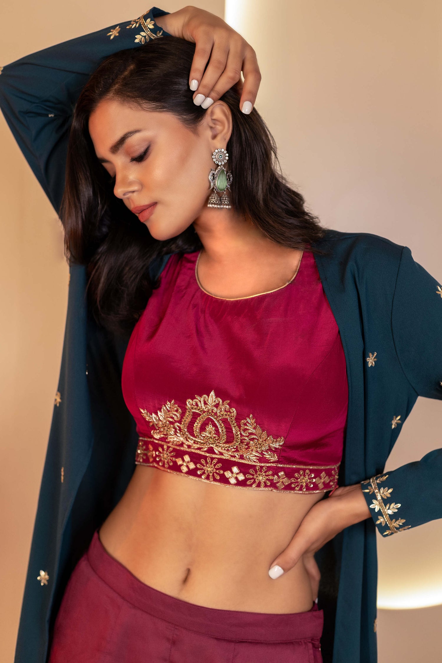 Embroidered Maroon Crepe Blouse with pants and Green Shrug